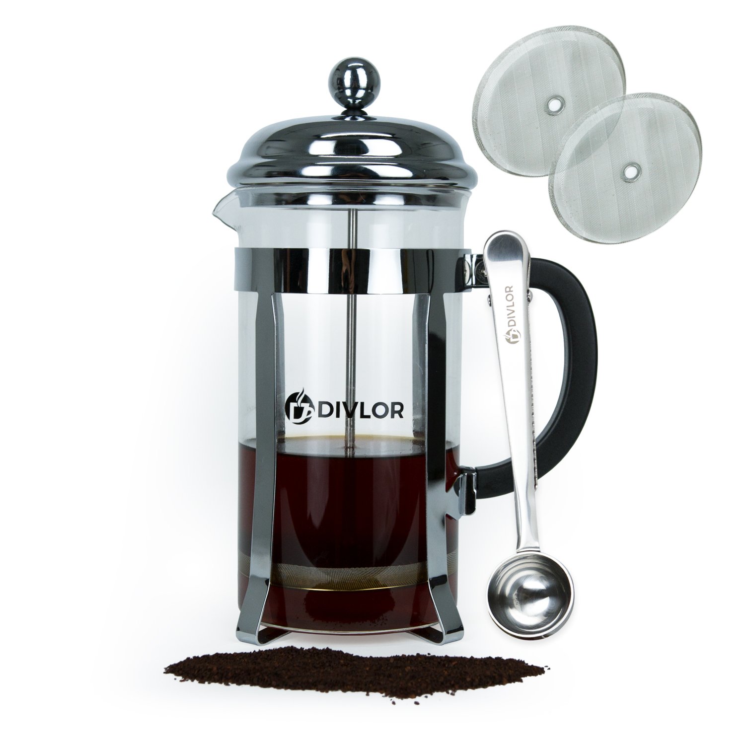 French Press Coffee Maker - 34 Ounce, 8 Cups, Clip Spoon and 2 Bonus Filter Included By Divlor