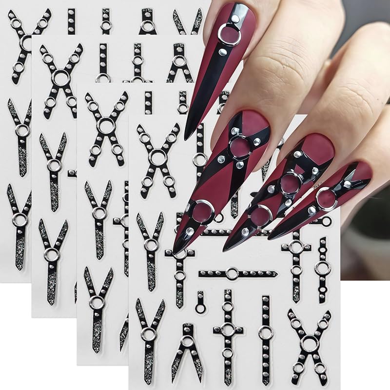 4 Sheets Goth Nail Stickers for Nail Art Punk Style Black Belt Nail Art Stickers 5D Embossed Belt Nail Decals Y2K Relief Punk Gothic Belts Nail Design Retro Scissors Manicure Decoration for Women