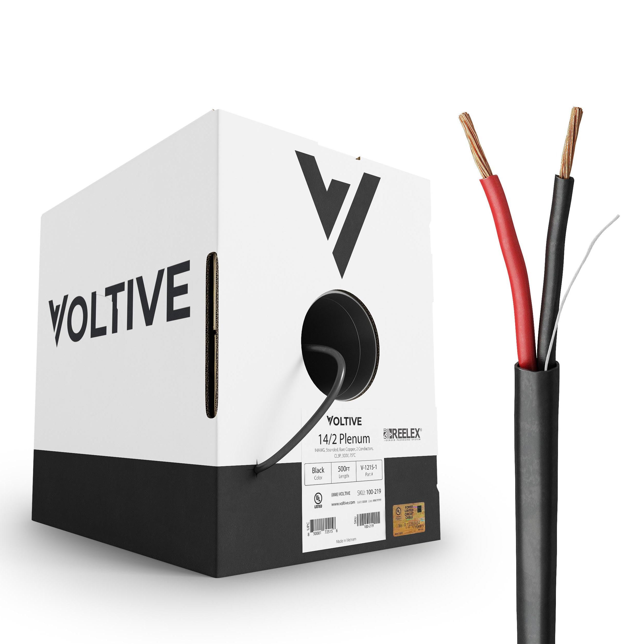 14/2 Speaker Wire, Plenum CL3P, Black, 500ft - 14AWG, 2 Conductors, Stranded Oxygen-Free Copper, UL Listed - V-1215-1