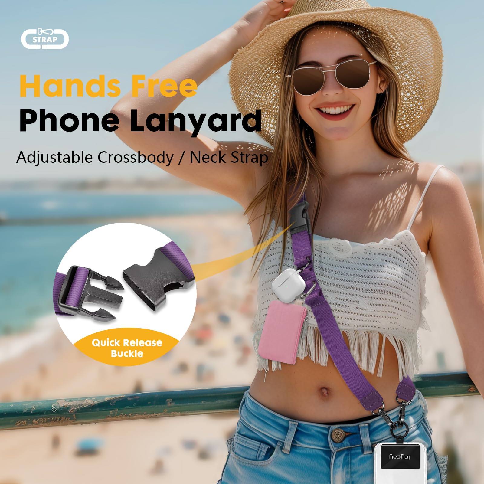 Icycay Cordón cruzado para teléfono, cordón para teléfono celular para alrededor del cuello, correa ajustable para teléfono, bonito cordón para iPhone, 1 Púrpura, Medium
