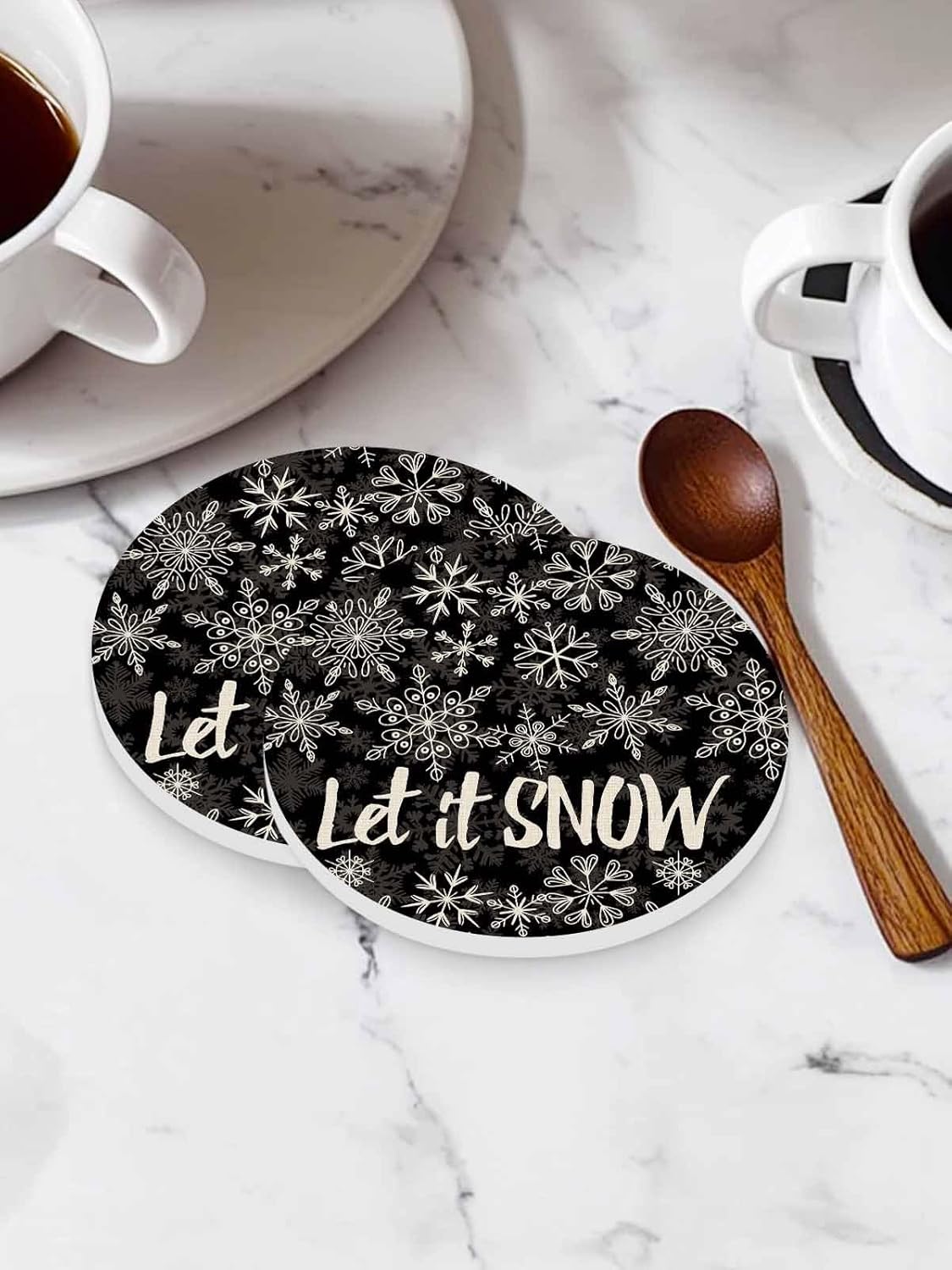 陶製コースター 円形 冬 雪花 シンプル 黒色バック 吸水 6枚セット 直径10.3cm&times;厚さ0.6cm 速乾 杯垫 滑り止め 耐熱