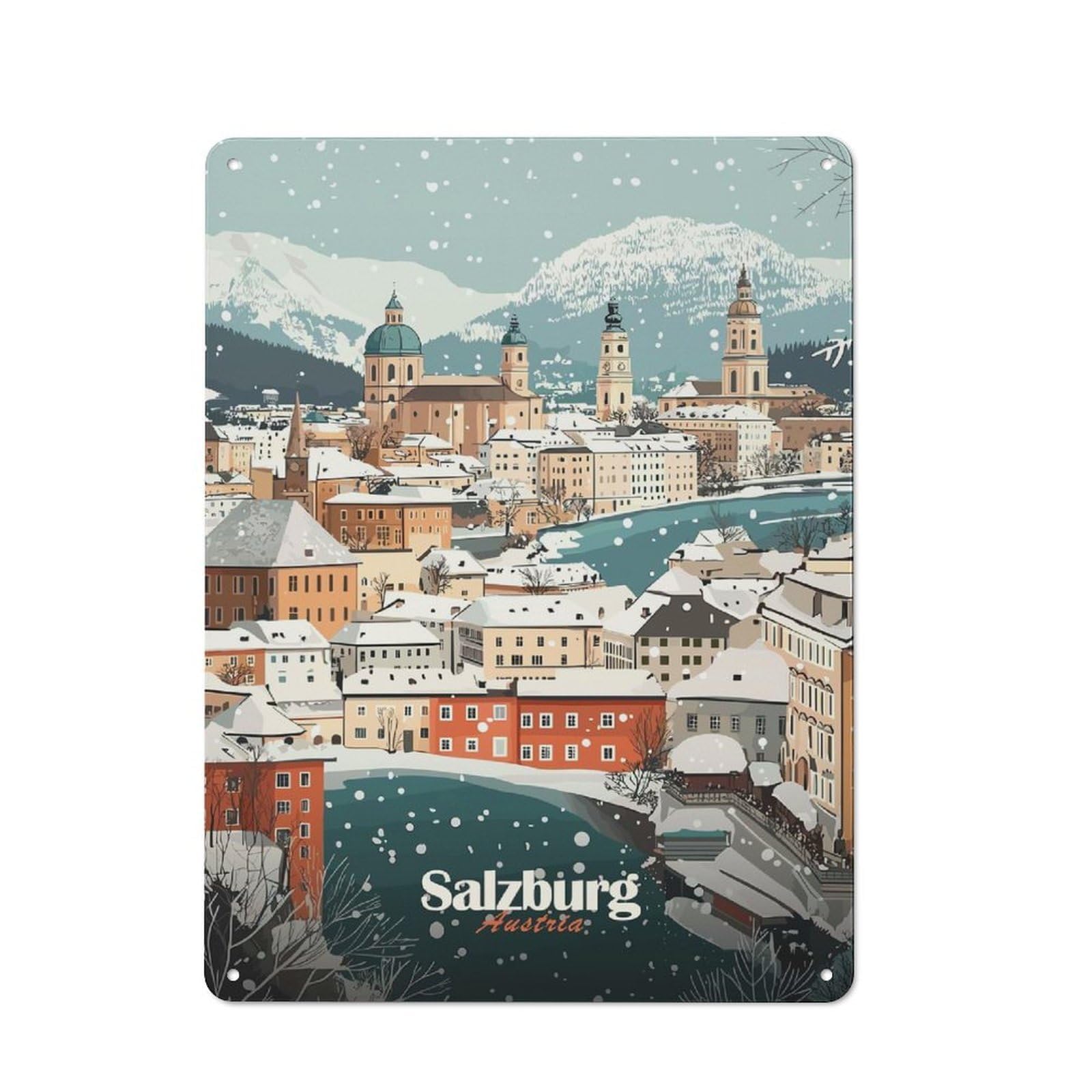 Junmoney Style-15 Salzburg Winter Cityscape Rustic Metal Wall Sign 40X30cm For Workshop Wall, Suited To Makers And Diy Enthusiasts