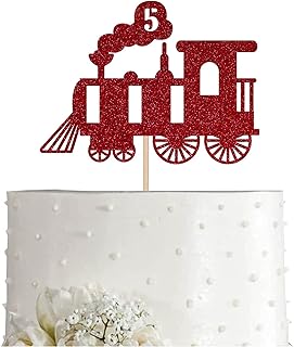 Red Train 5th Birthday Cake Topper, Red Glitter Boy Girl 5 Years Birthday Party Decoration