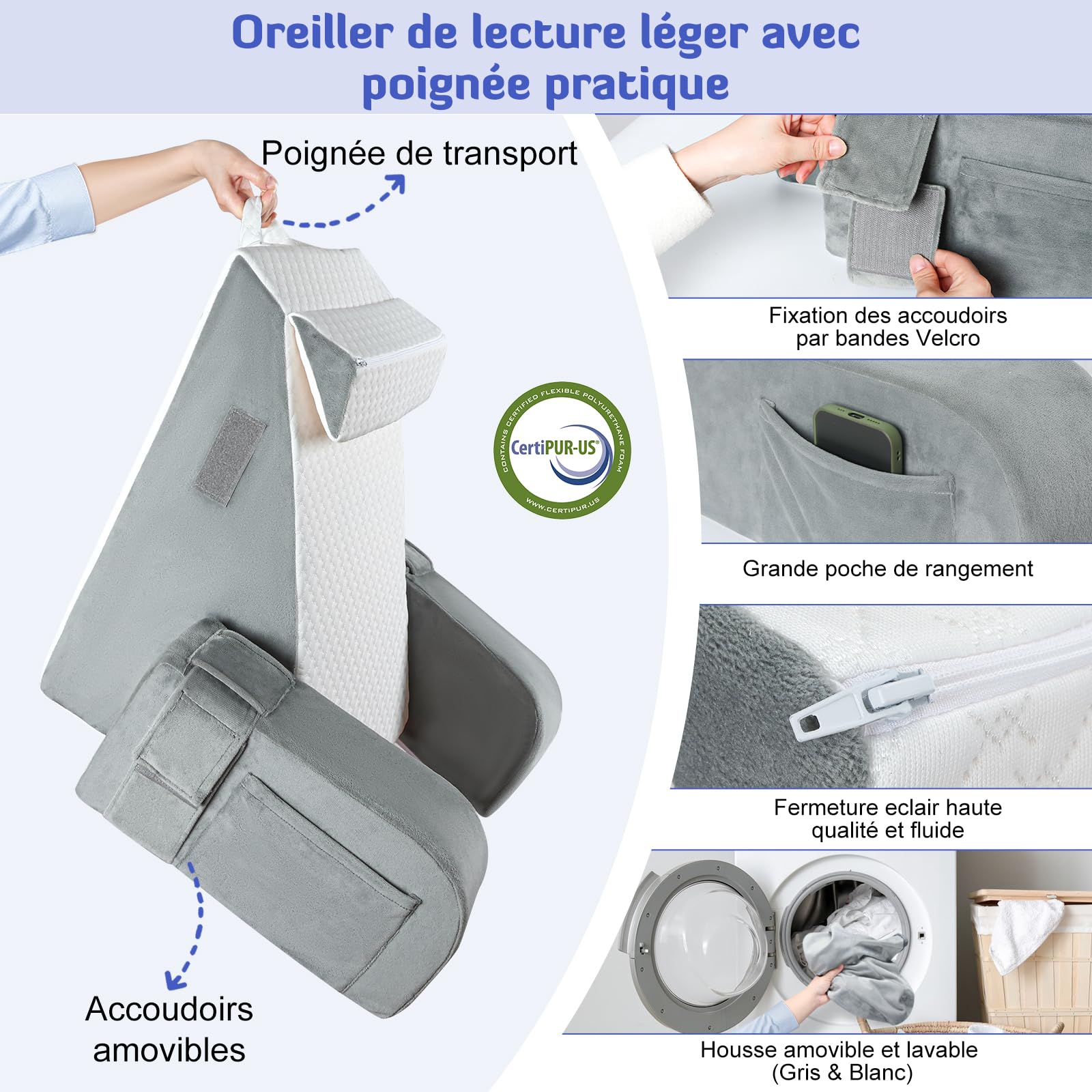 INFANZIA Coussin de Lecture Ergonomique - Coussin Support Dorsale avec Oreiller Cervical et Accoudoirs Amovibles, Oreiller de Dos pour Adulte pour se Détendre, Regarder la télé, Housse Lavable