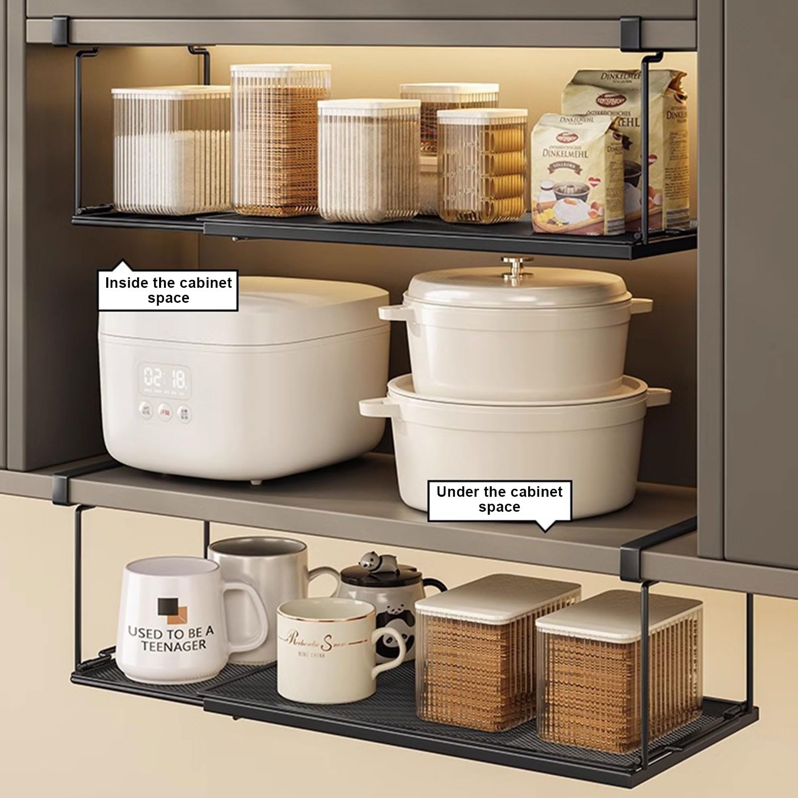 Cesta colgante de metal ajustable de 38 a 70 cm – Cesta extensible para estante inferior de cocina, organizador de estantería, cesta de almacenamiento de metal para cocina, armario, mesa