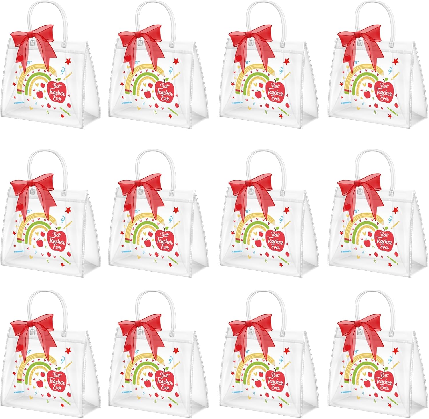 Demonwer 12 Pcs Teacher Appreciation Gift Bags with Handles 6.3 x 6.3 x 4.3'' Cute Clear Teacher Gifts Bag with Red Bow Ribbon Reusable Gift Bags for Graduation Teacher Day Supplies