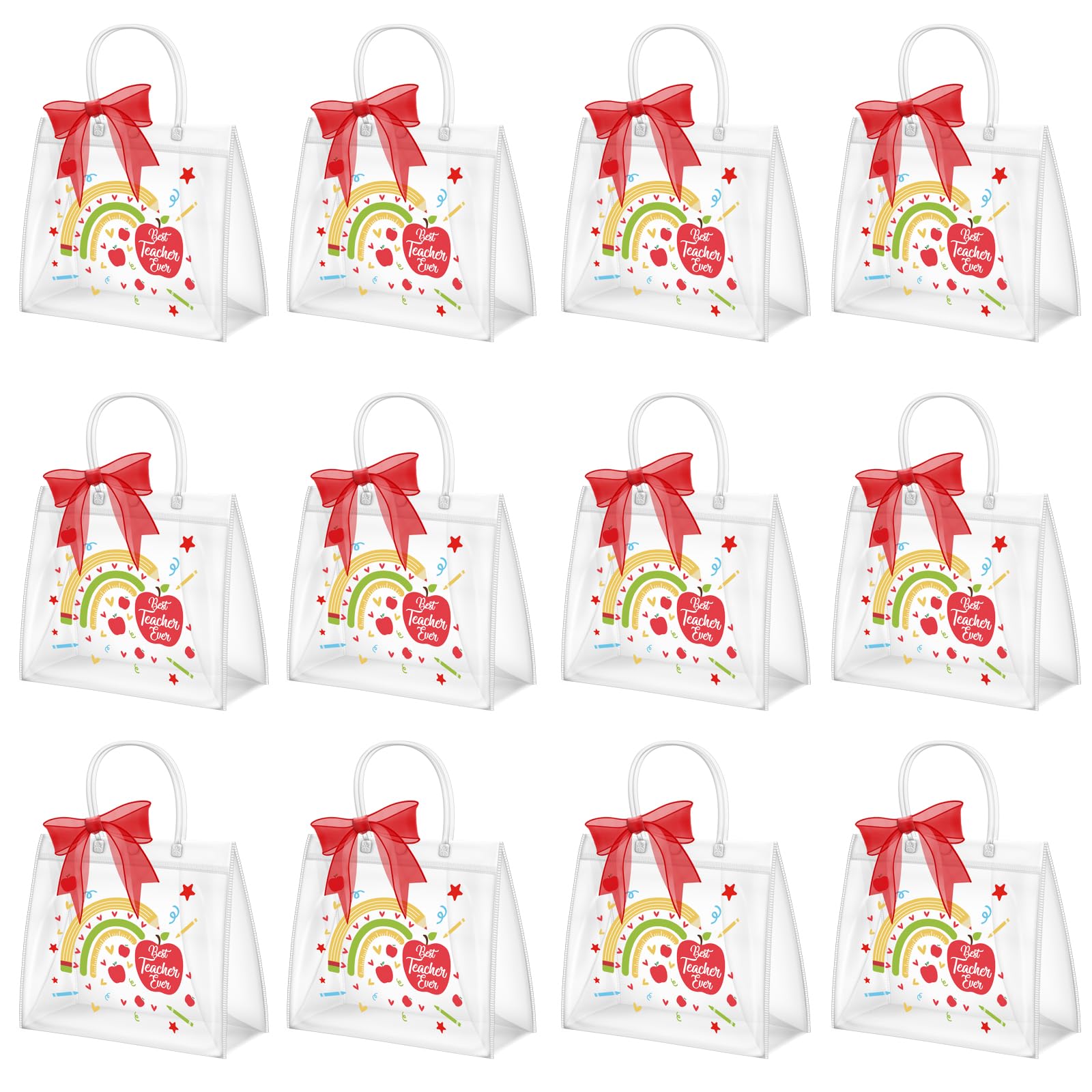 Demonwer 12 Pcs Teacher Appreciation Gift Bags with Handles 6.3 x 6.3 x 4.3'' Cute Clear Teacher Gifts Bag with Red Bow Ribbon Reusable Gift Bags for
