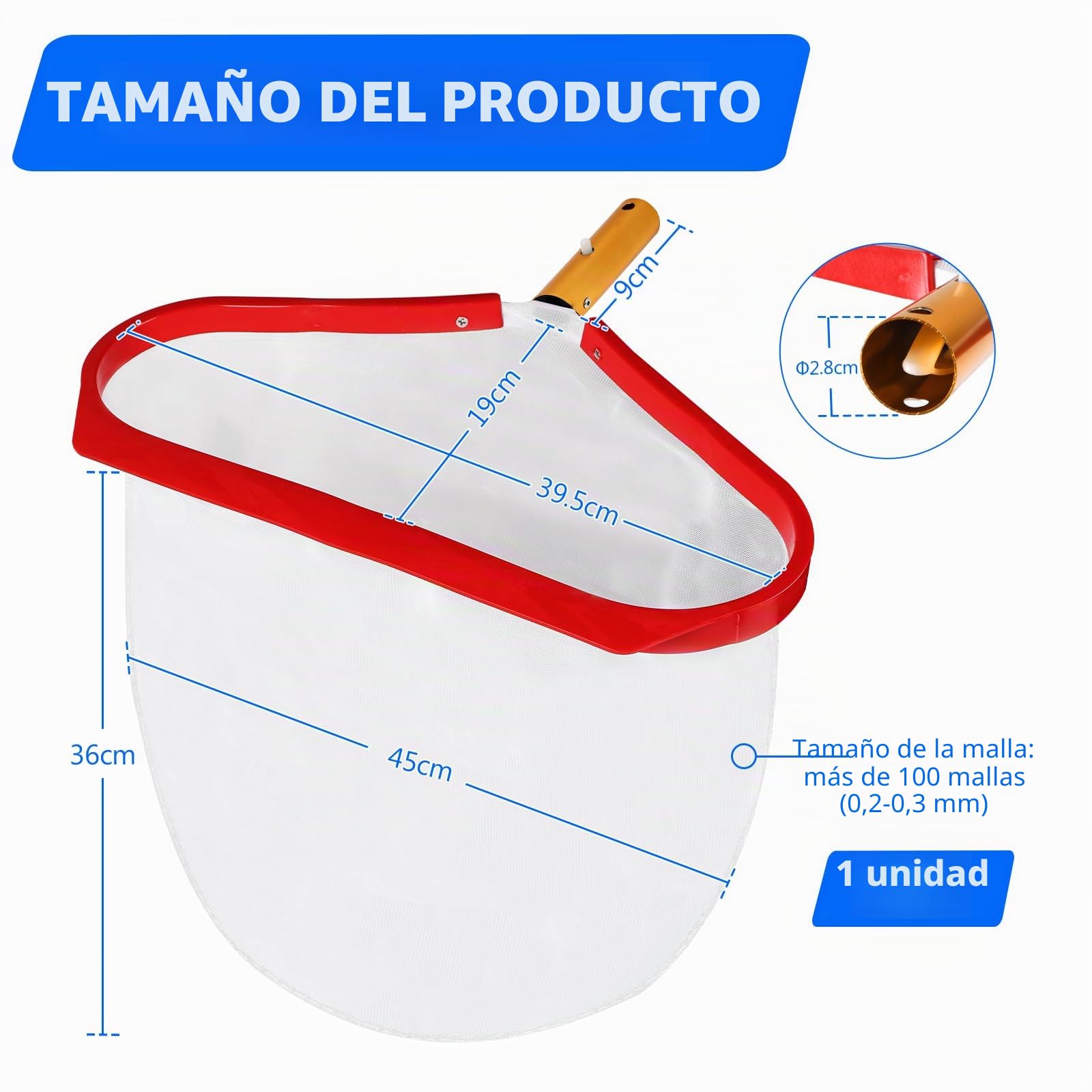 Recogedor para Piscina Red de Malla Fina para Algas Rastrillo de Superficie para Piscina, Red de Limpieza con Marco de Aluminio Rojo para Estanque, Piscina, Parque Acuático, Fuente (Sin Mango)