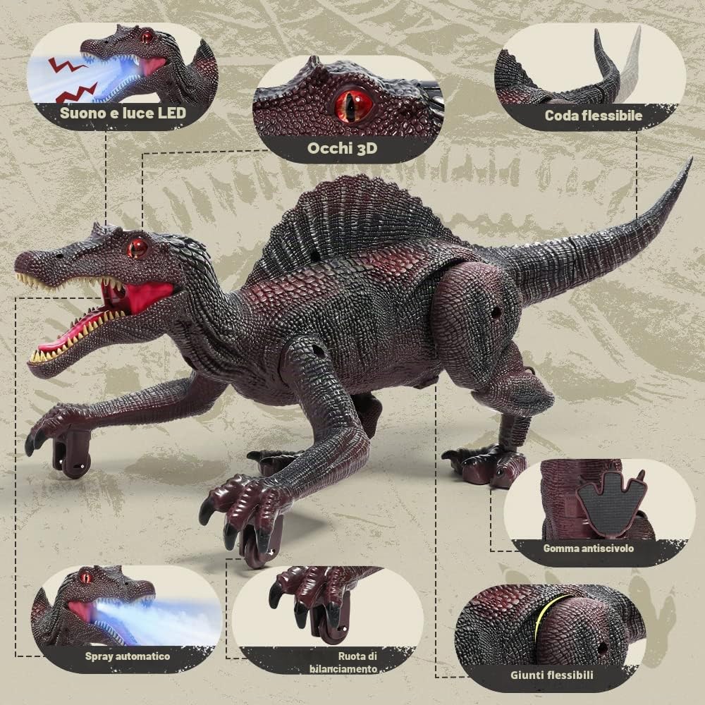 FRUSE Dinosauro Telecomandato Realistici Giocattolo per Bambini, con Tracciamento Luce,Spray,Luce LED,Roaring, per Ragazzi Bambini 3 4 5 6 7 8 (Rosso)