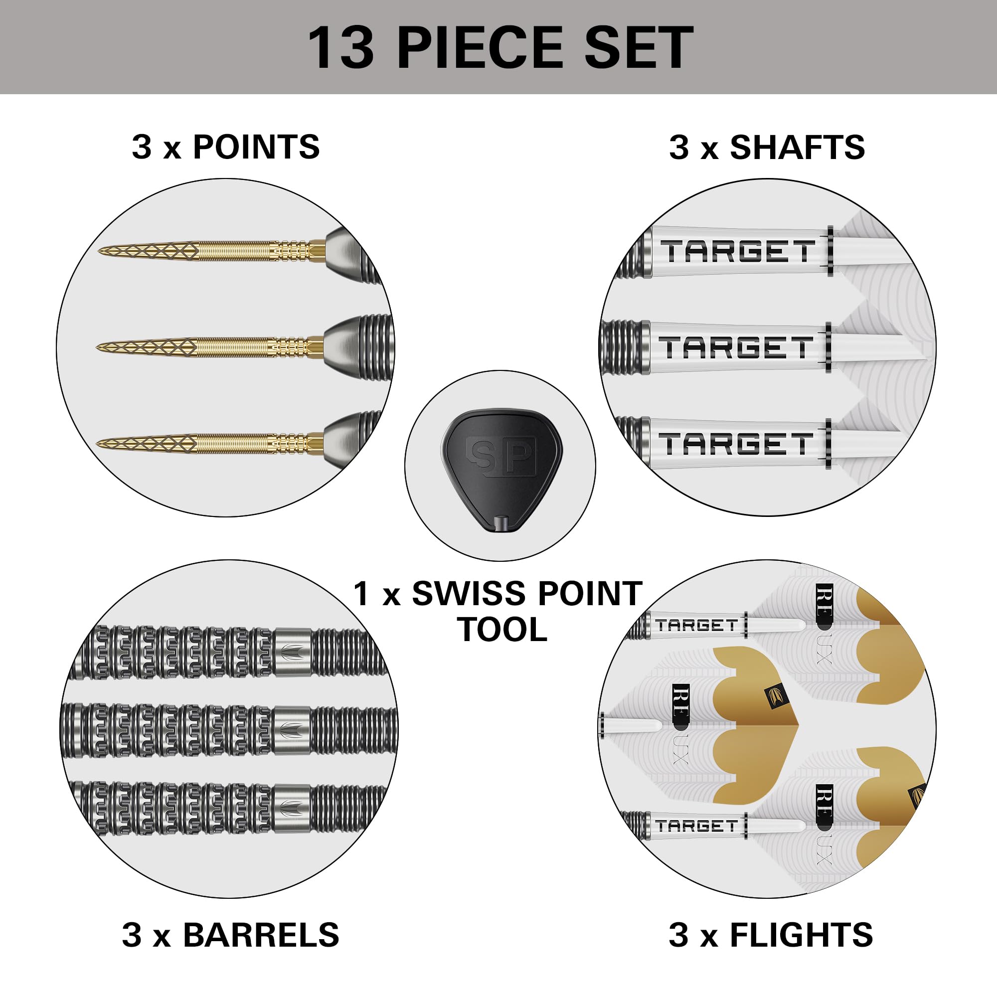 Target Darts Redux 90% Freccette Tungsteno Punta Acciaio 22-26G Alette PRO Ultra Aste PRO Grip Tag Punte DX Dorate Strumento SP
