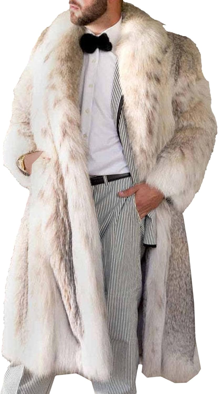Mens Winter Faux Fur Long Coat Open Front Long Sleeve Fuzzy Fleece Jacket Loose Casual Cardigan Plush Outwear
