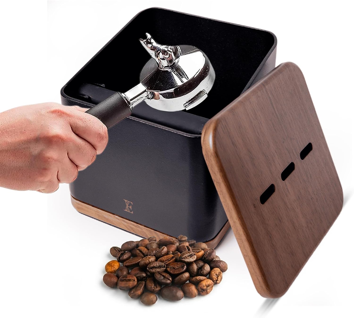Espresso Knock Box with Lid – 1L Steel Coffee Knock Box Espresso with Walnut Non-Slip Base, Quiet Rubber Bar, Barista Essential for Home Coffee Station (Holds 20–25 Pucks), Black
