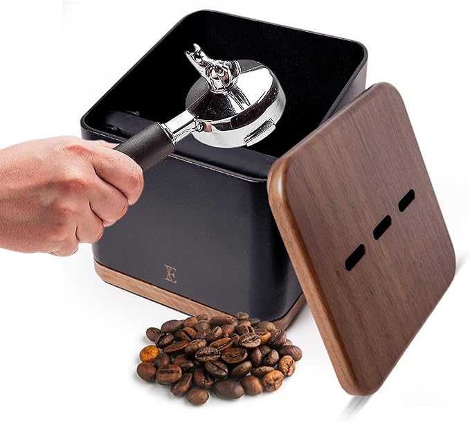 Espresso Knock Box with Lid – 1L Steel Coffee Knock Box Espresso with Walnut Non-Slip Base, Quiet Rubber Bar, Barista Essential for Home Coffee Station (Holds 20–25 Pucks), Black