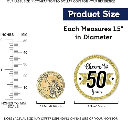 Miniatura 2 de REWIDPARTY Calcomanías redondas de 1.5 pulgadas para cumpleaños número 50 (80 piezas) de oro blanco con texto en inglés "Cheers to 50" (80 piezas)