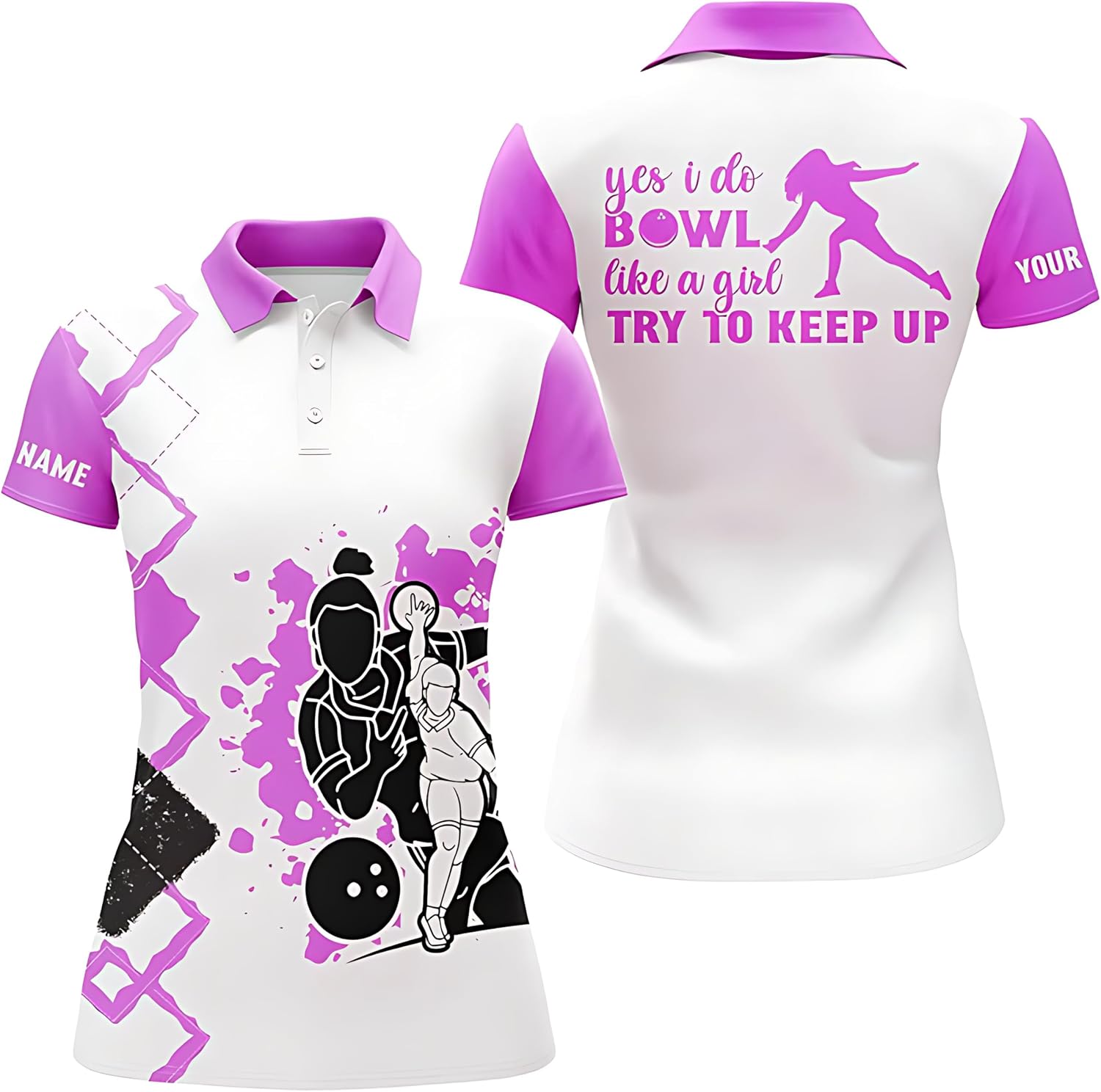 Personalized 3D Funny Bowling Shirts for Women with Custom Name - Yes I Do Bowl Like a Girl, Try to Keep Up - Q4559 Black, Purple