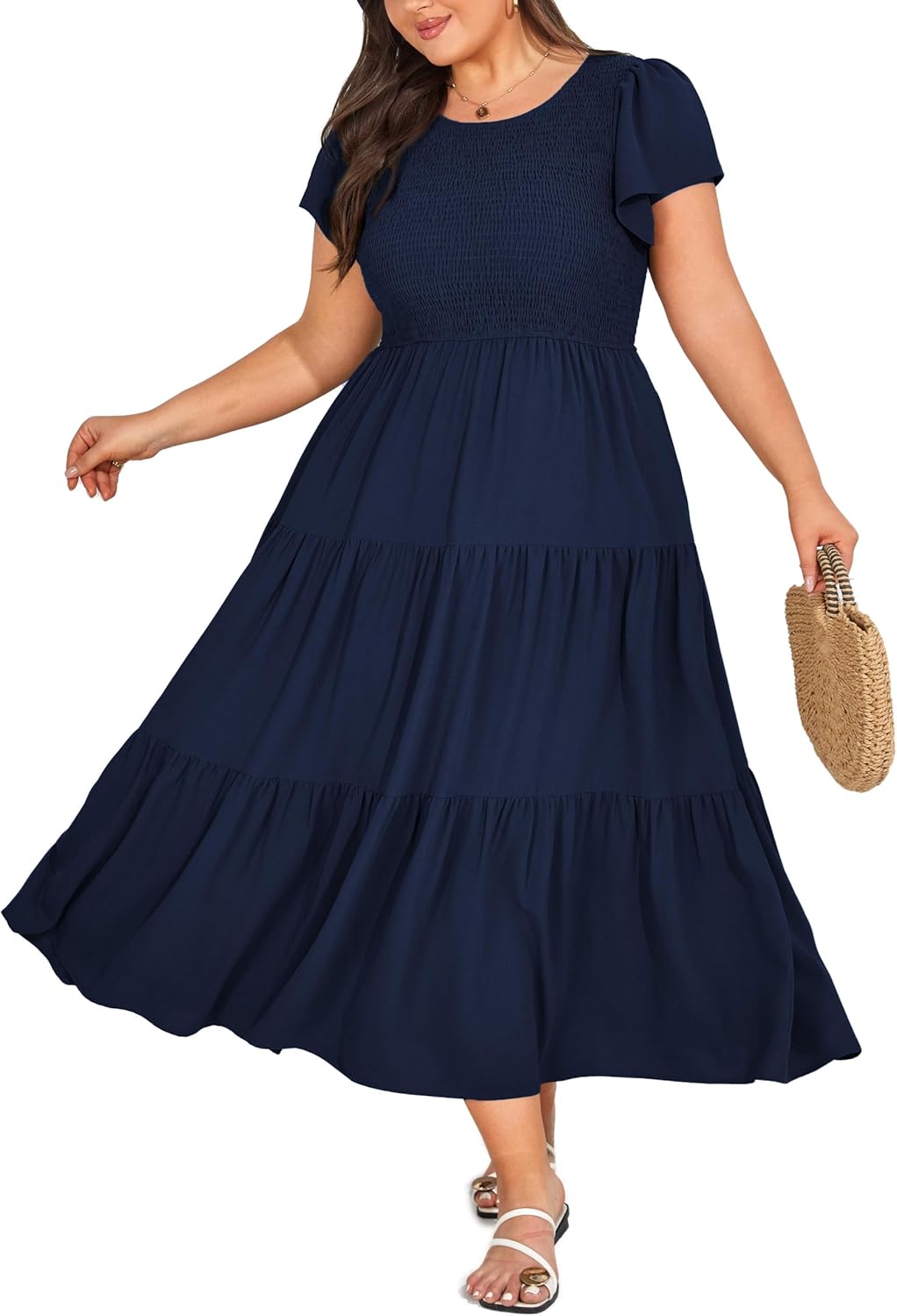 KIMCURVY Women's Plus Size Summer Casual Dress Crew Neck Flutter Short Sleeve Smocked Tiered Maxi Dress with Pockets