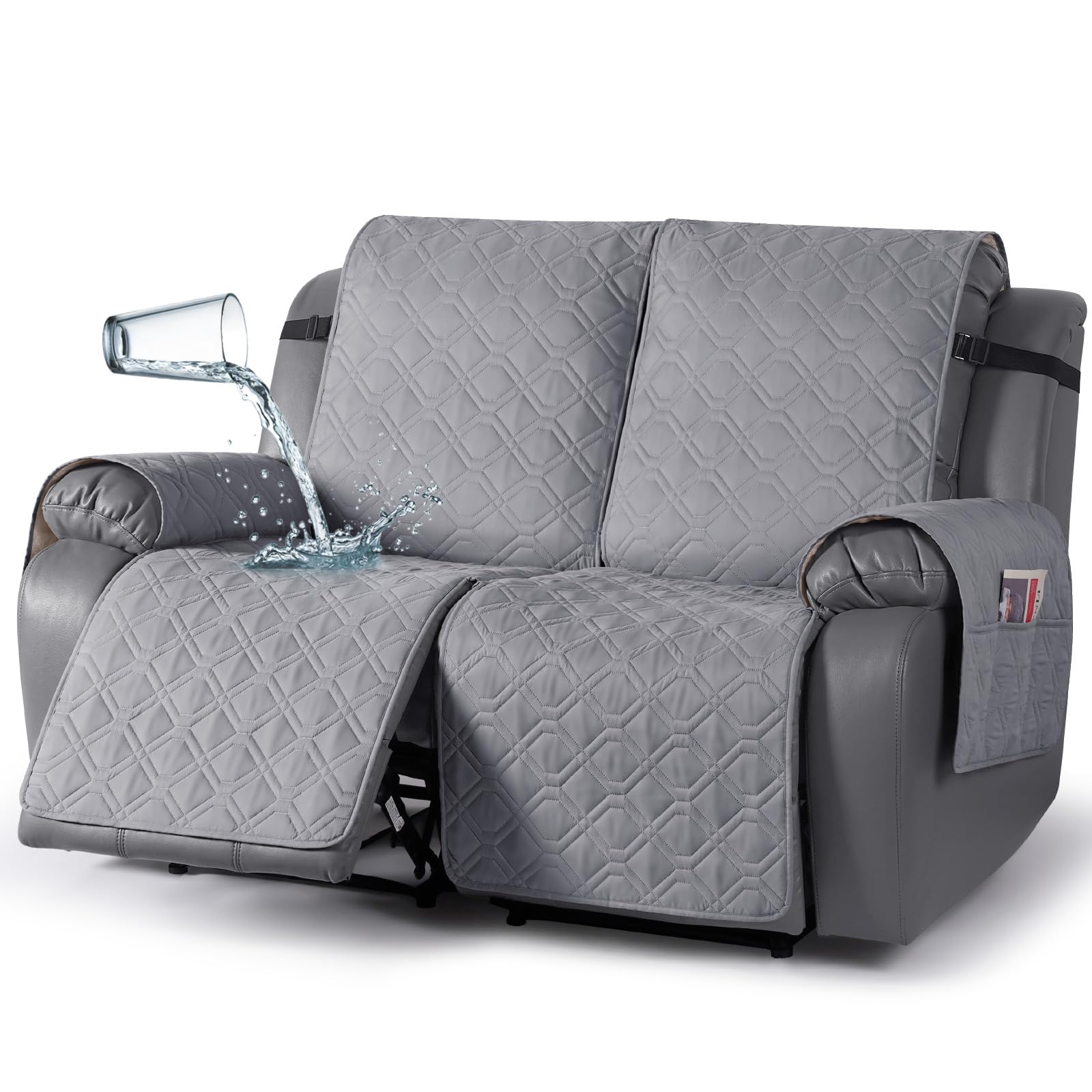 TAOCOCO Recliner Chair Cover 2 Seater Armchair Covers,Anti Slip Recliner Sofa Covers,Waterproof Reclining Couch Slipcovers with Pockets,Washable Armchair Sofa Protector for Pets/Dogs/Kids(Light Grey)