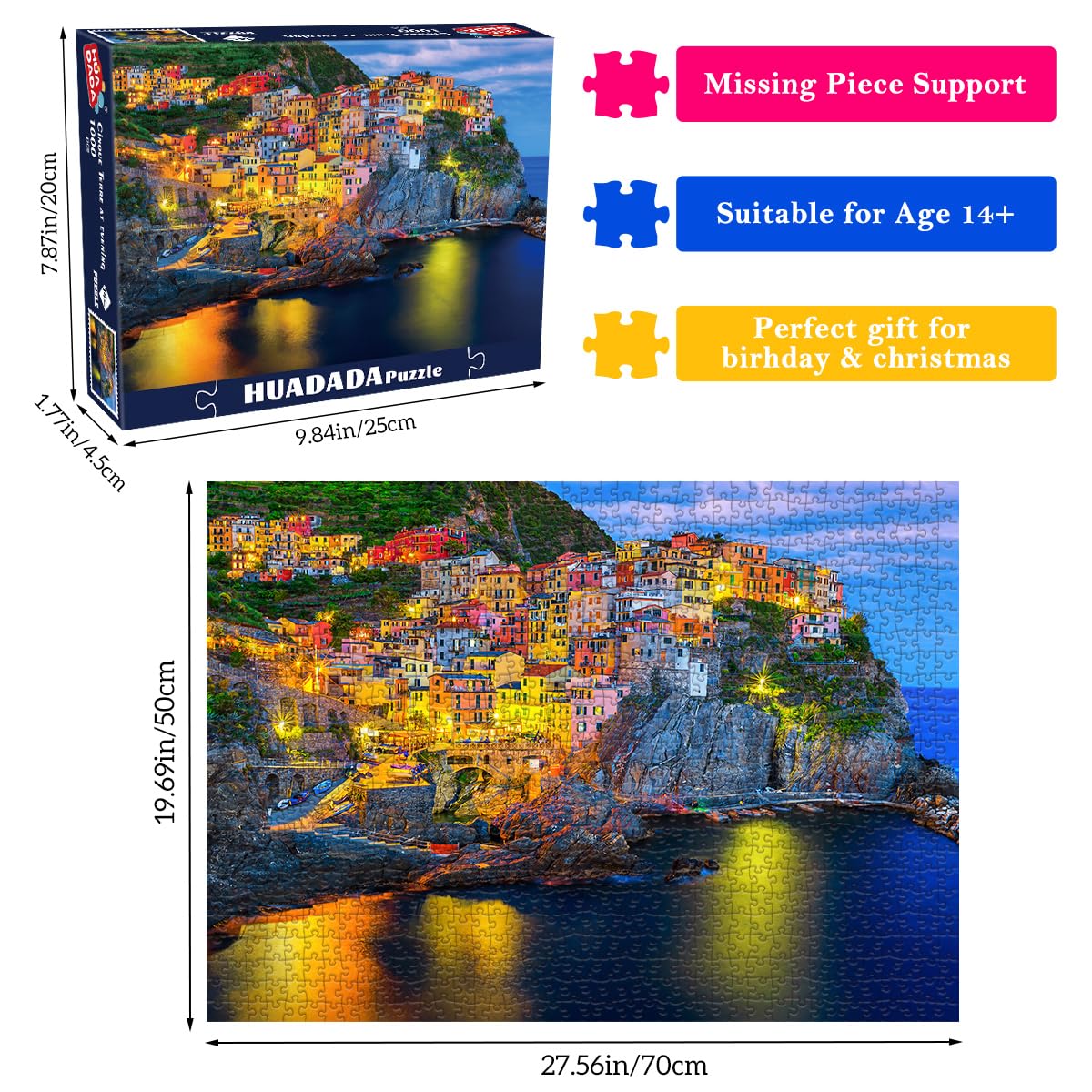 HUADADA Jigsaw Puzzles for Adults 1000- Cinque Terre at Night -1000 Piece Jigsaw Puzzles for Adults Famous Landscape Puzzle - Image 4