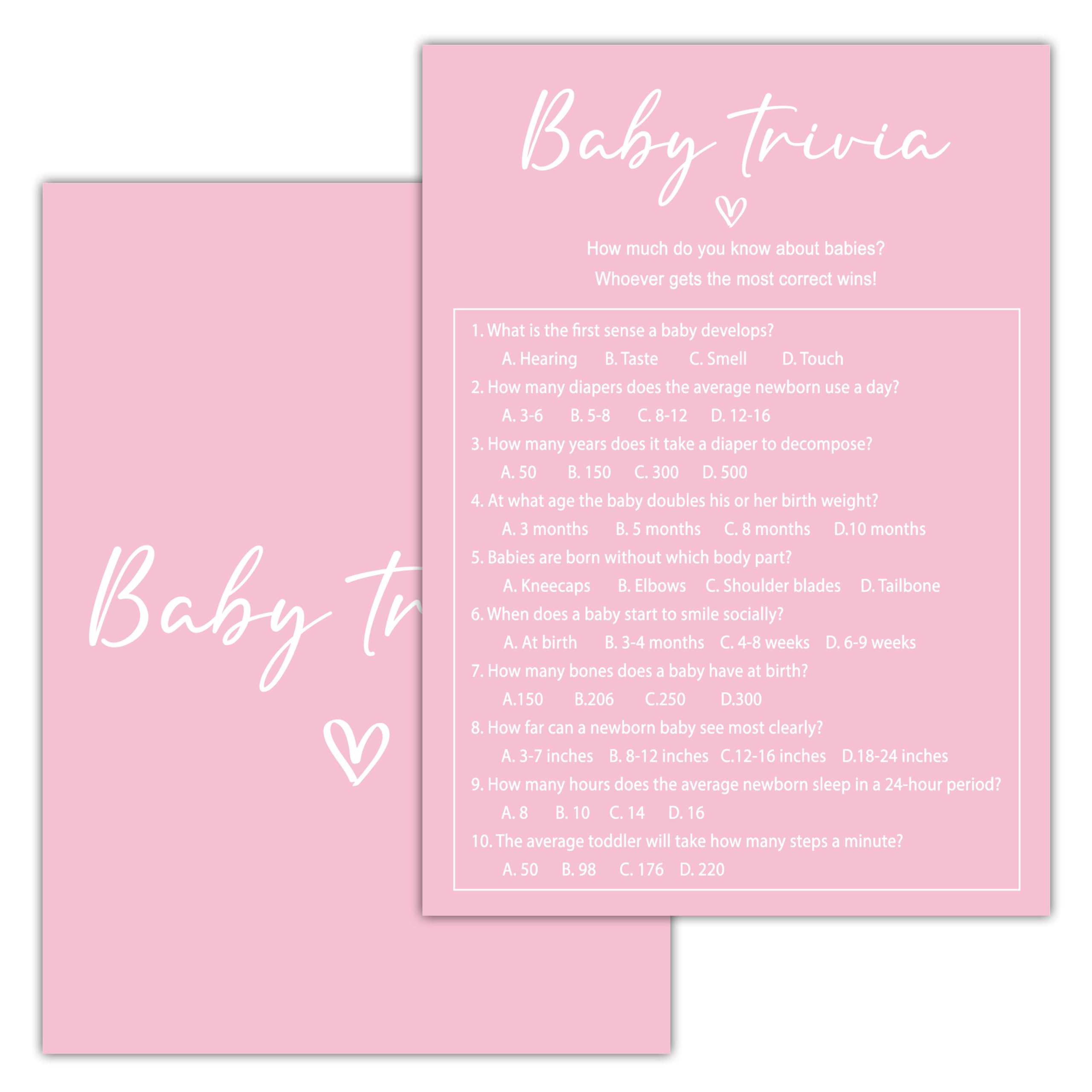 Disfuco Baby Shower Games for Girl - Baby Trivia Cards - Minimalist Aesthetic Gender Reveal Games Cards - Pink Baby Shower Decorations - 25cards (