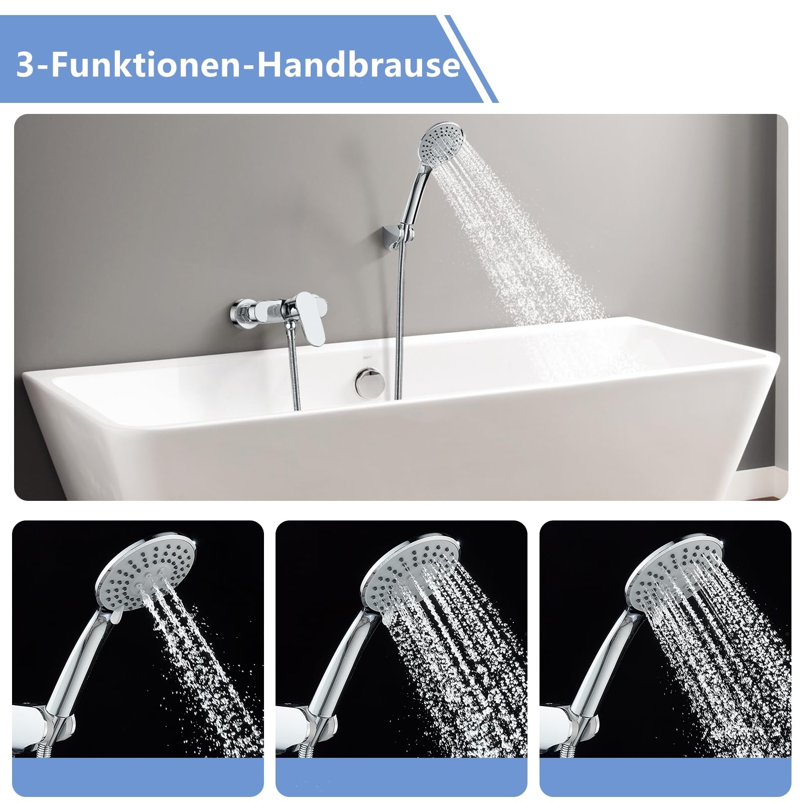 Duscharmatur Einhebelmischer mit Handbrause und Schlauch, Chrom | Mischbatterie Dusche Set, 3 Strahlarten Duschbrause, 1.5m Schlauch, Aufputz Wandmontage