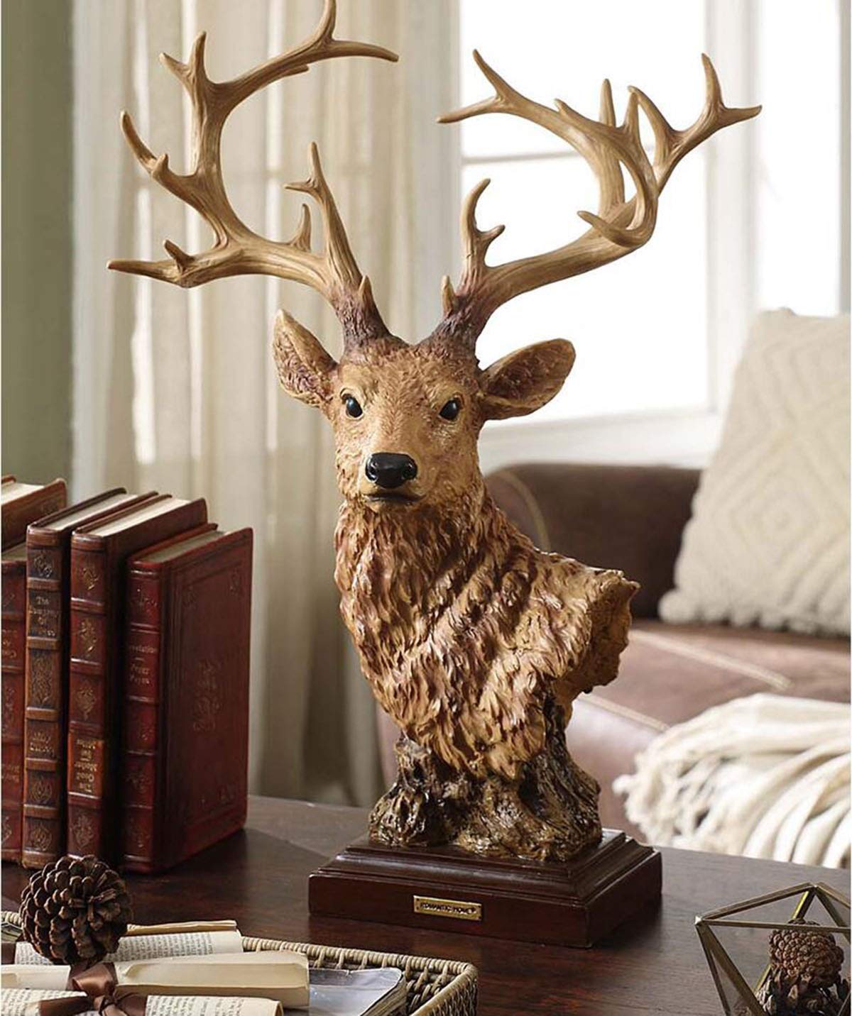 KYUJTYJ Rustic Buck Bust Statue, 12 Point Resin Deer Head Sculpture Animal Figurines Art Decoration for Indoor Home, 16 x 6 x 24 Inches