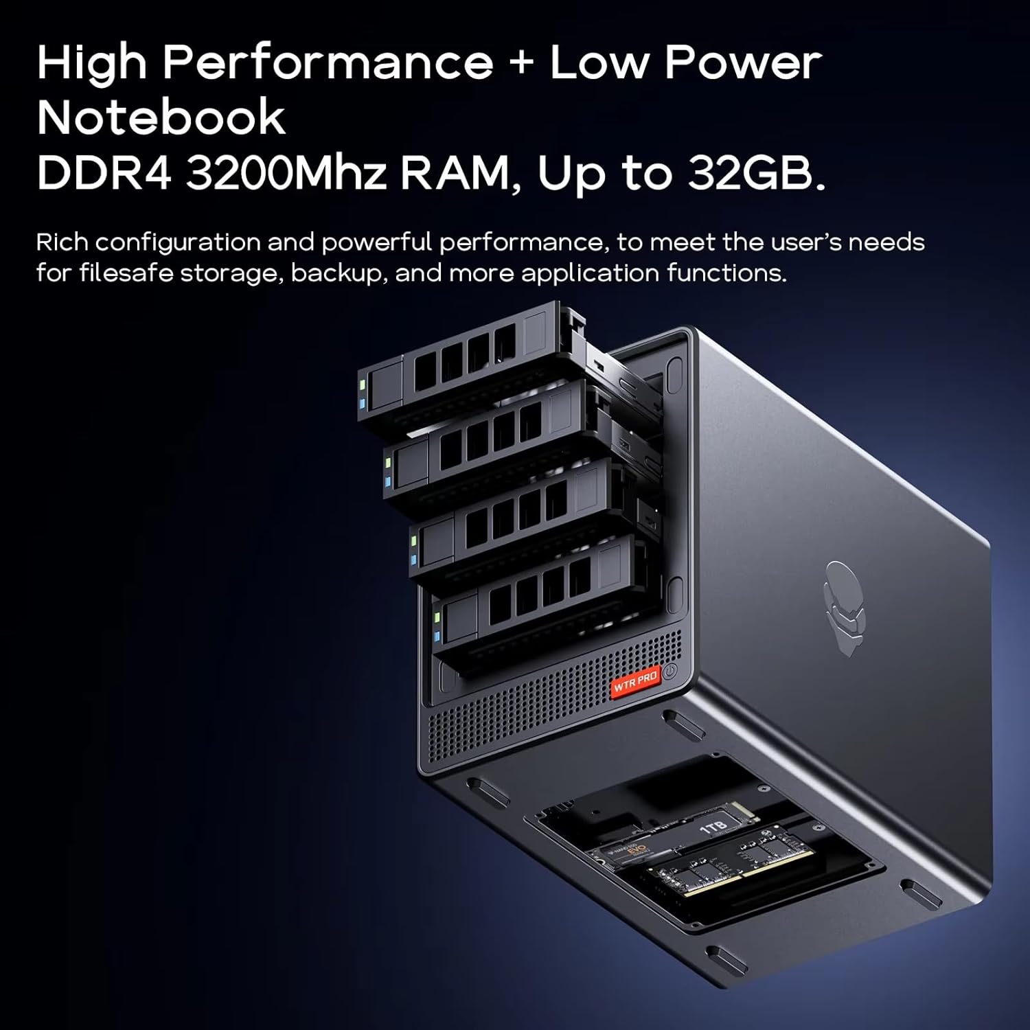 Internal view of the AOOSTAR WTR PRO Mini PC showing RAM and M.2 NVMe slots.
