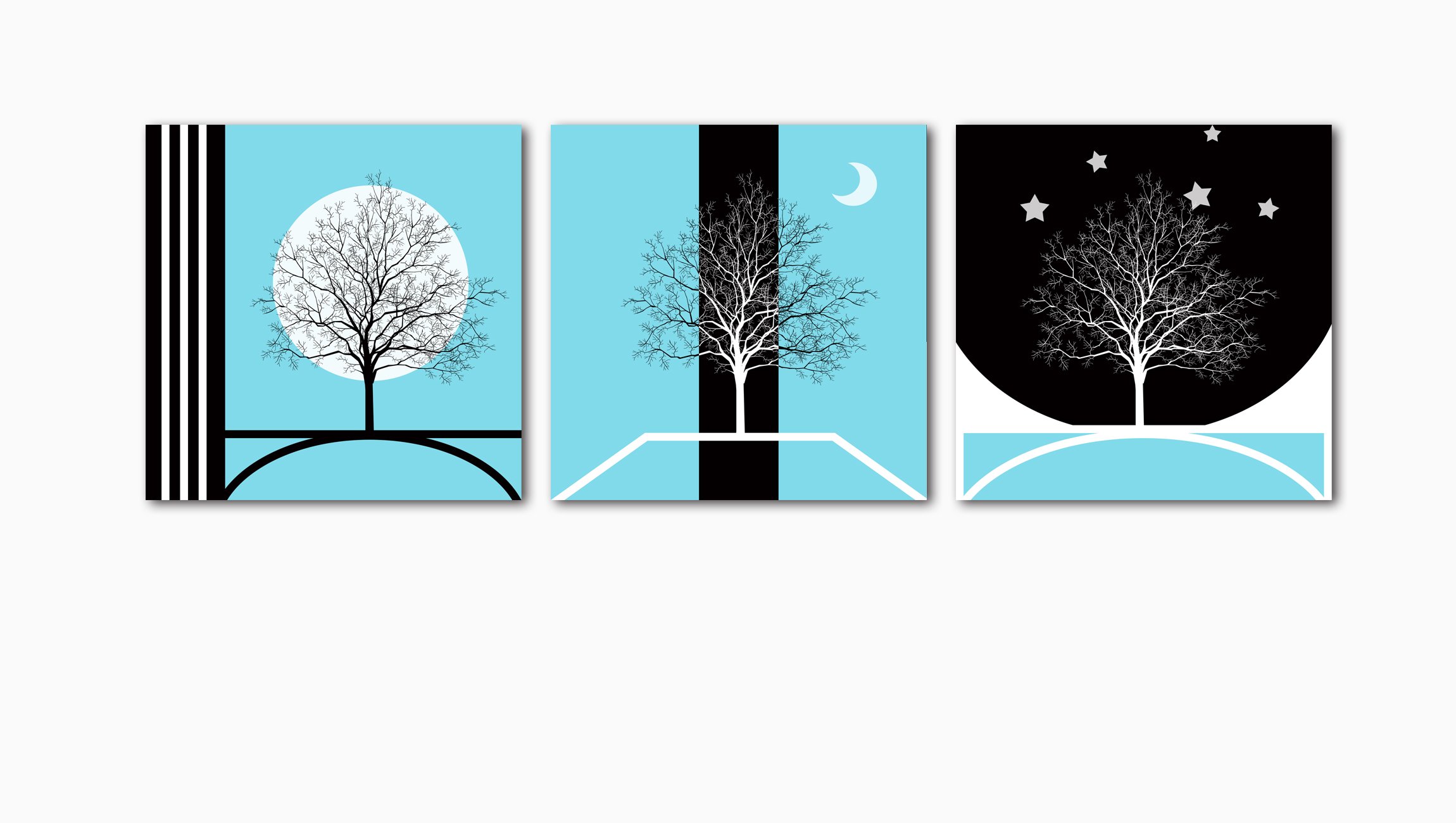 Gohipang-Unframed Canvas Picture Moon Night Scenery Black and White Themed Tree Printed Painting Wall Art Decoration (Unframed-30x30cmx3p)