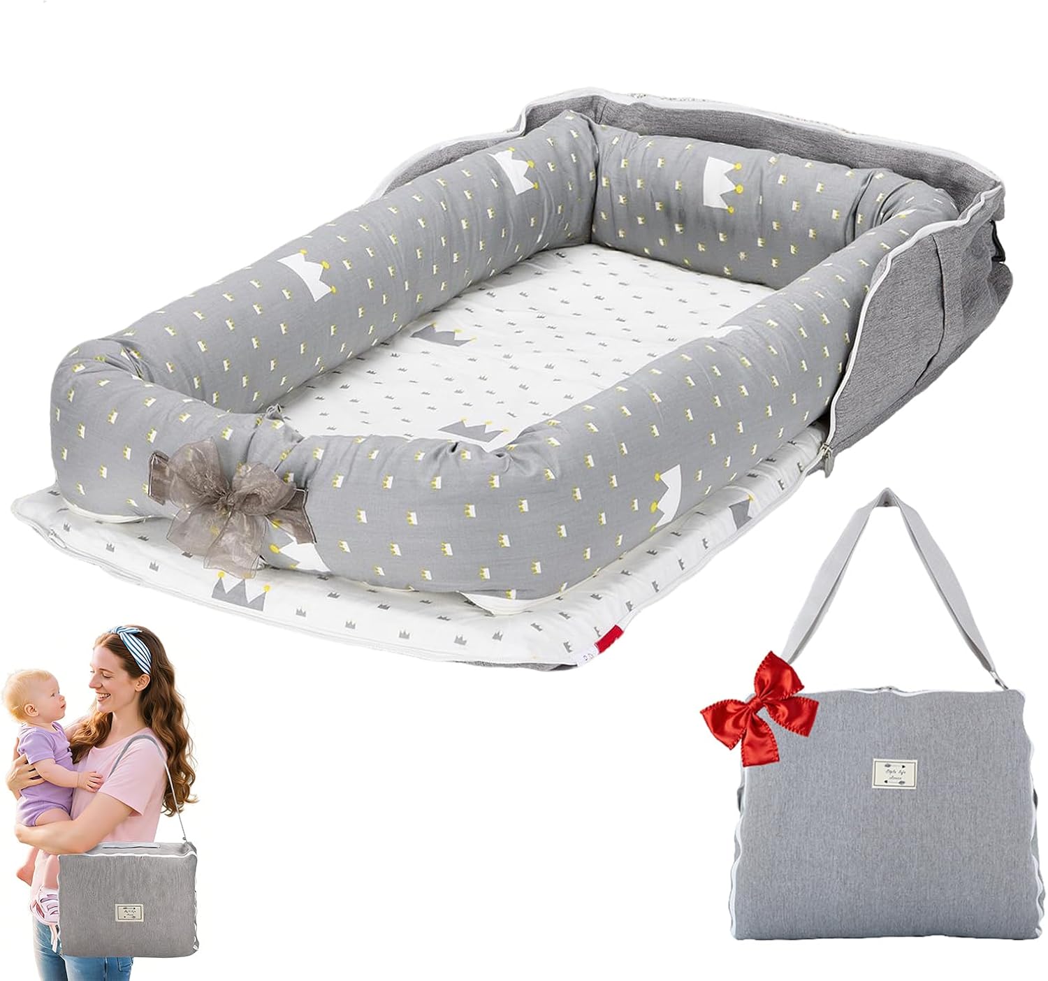 Baby Lounger for Newborn-Portable Baby Lounger 0-24 Months for Home and Travel,Newborn Loungers with Strap, Baby Nest Lounger Adjustable Size,Crown Grey