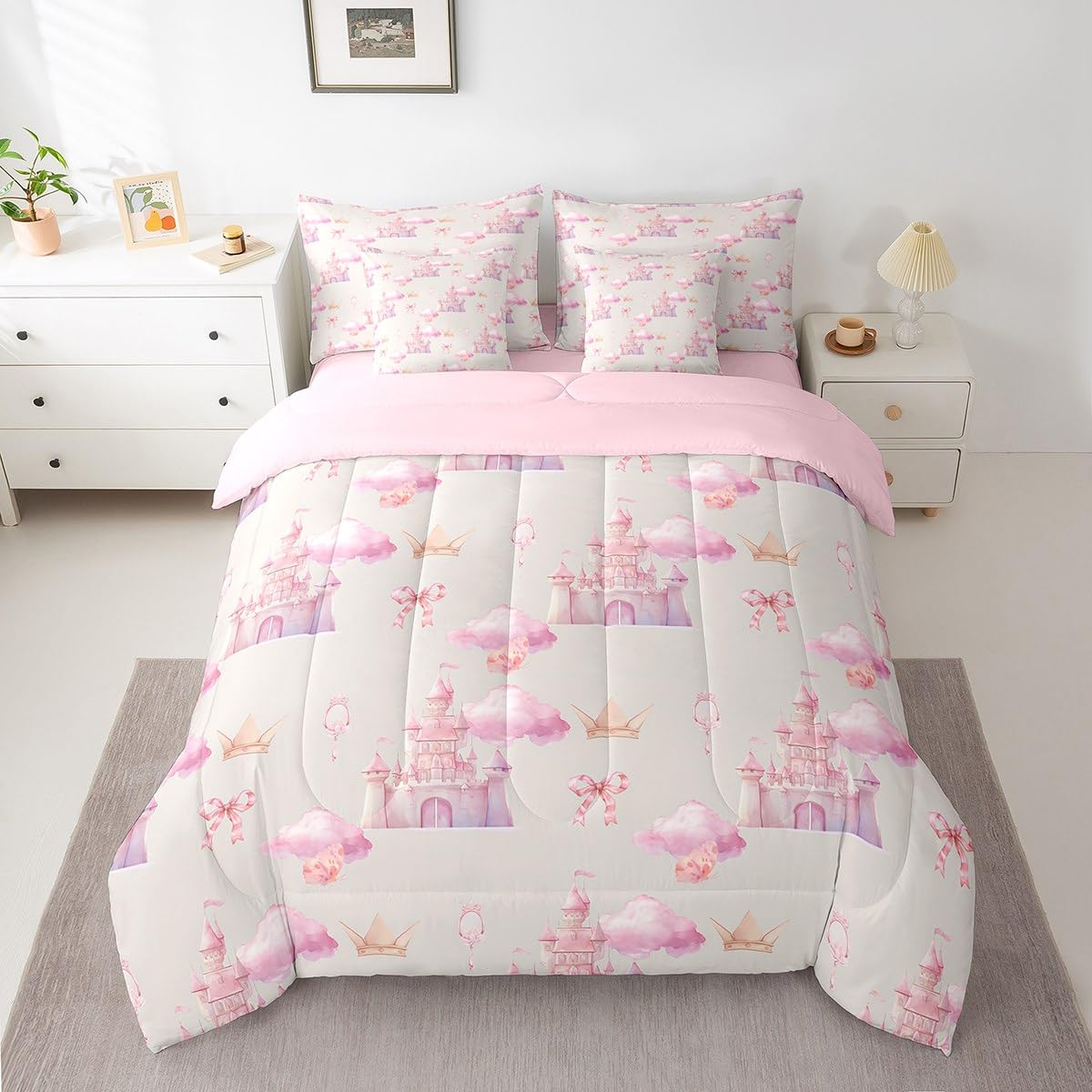 Parure de lit avec couette grand lit motif nuages roses et taies d'oreiller château