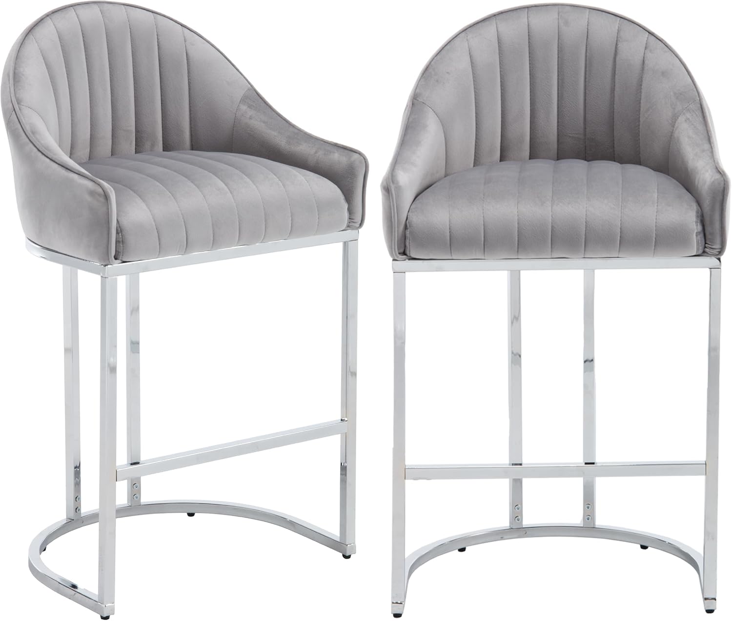 27" Velvet Bar Stools, Counter Height Bar Stools for Kitchen Island, Modern Velvet Kitchen Chairs with Metal Legs, Upholstered Seating for Dining, Home Bar (Grey + Sliver Legs, Set of 2)