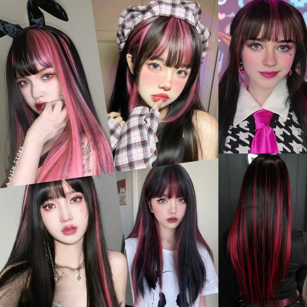Veally Black with Pink Wigs for Women, 26 Inch Lace Front Wig with Bangs Silky Soft Synthetic Fiber Wigs Hair for Daily Party Cosplay