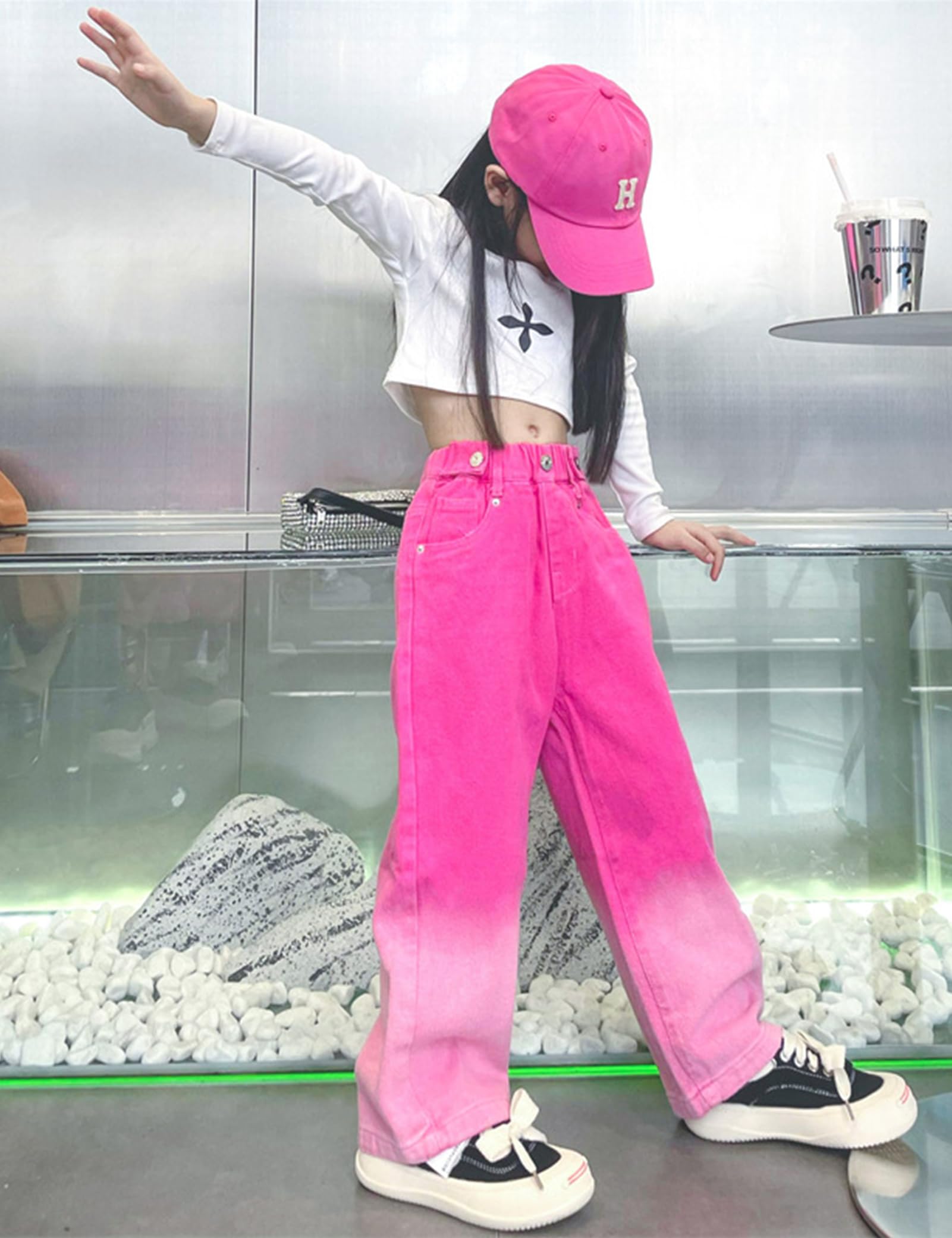 Kiench Mädchen Baggy Jeans Hose Weites Bein Pull-On Pants mit Taschen