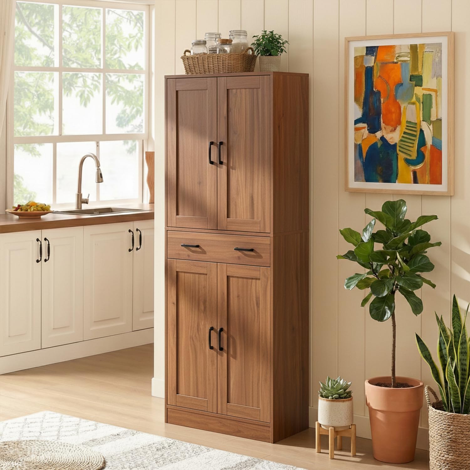 DIYART 71" Tall Kitchen Pantry Cabinet, Freestanding Food Storage Cupboard with Drawer and 4 Doors, Large Brown Utility Floor Cabinet with Adjustable