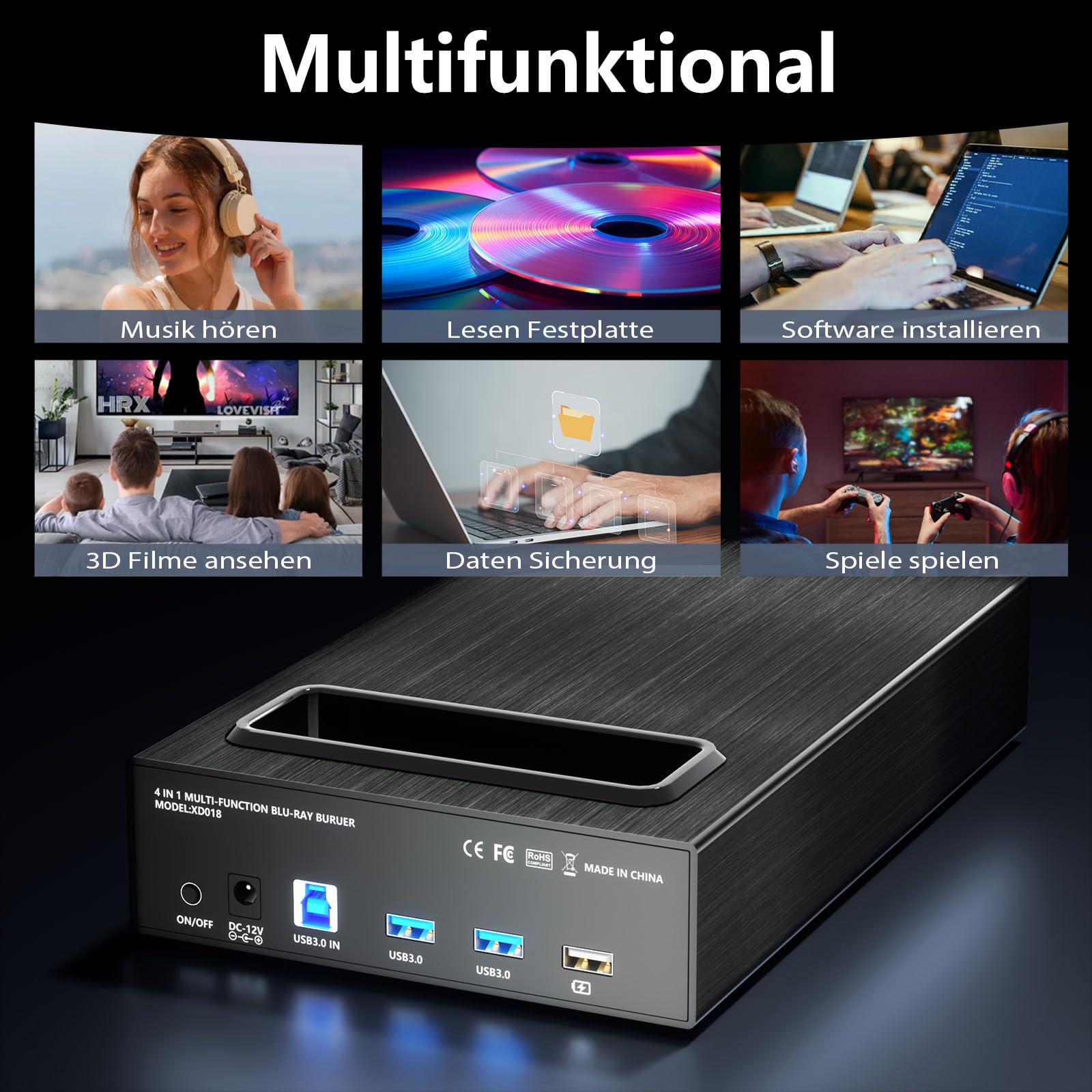 Yaeonku 4-in-1 Externes Blu ray Laufwerk, 16X USB 3.0 und Typ-C Leistungsstarke Desktop Externes Bluray Laufwerk Brenner DVD Brenner Optisches Laufwerk Ladegerät HDD Gehäuse USB HUB für Mac/PC