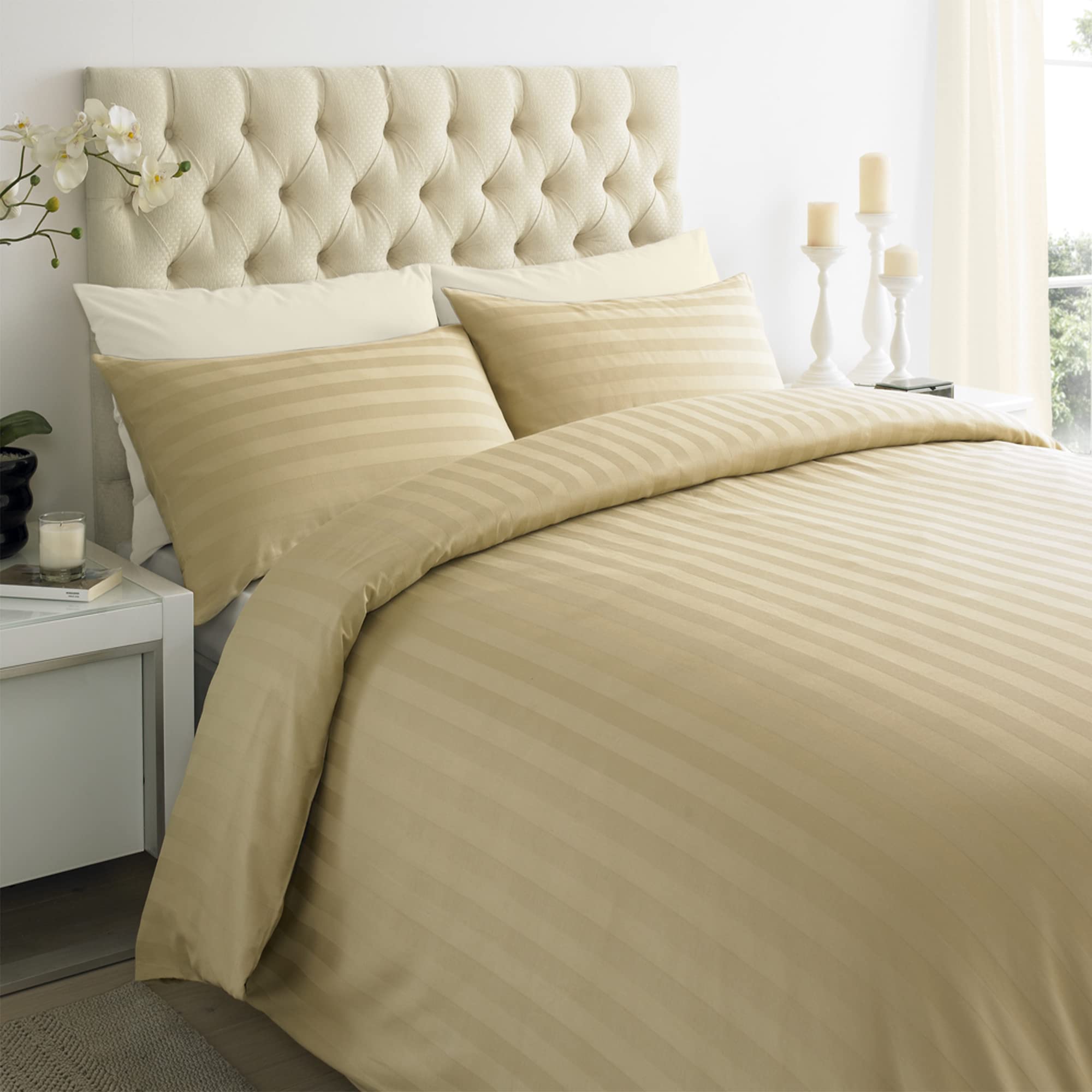 ED Luxury 250 Thread Count 100% Cotton Sateen Stripe Duvet Bed Cover with Housewife Pillowcases | 250 TC Hotel Striped Bedding (Single/Beige)