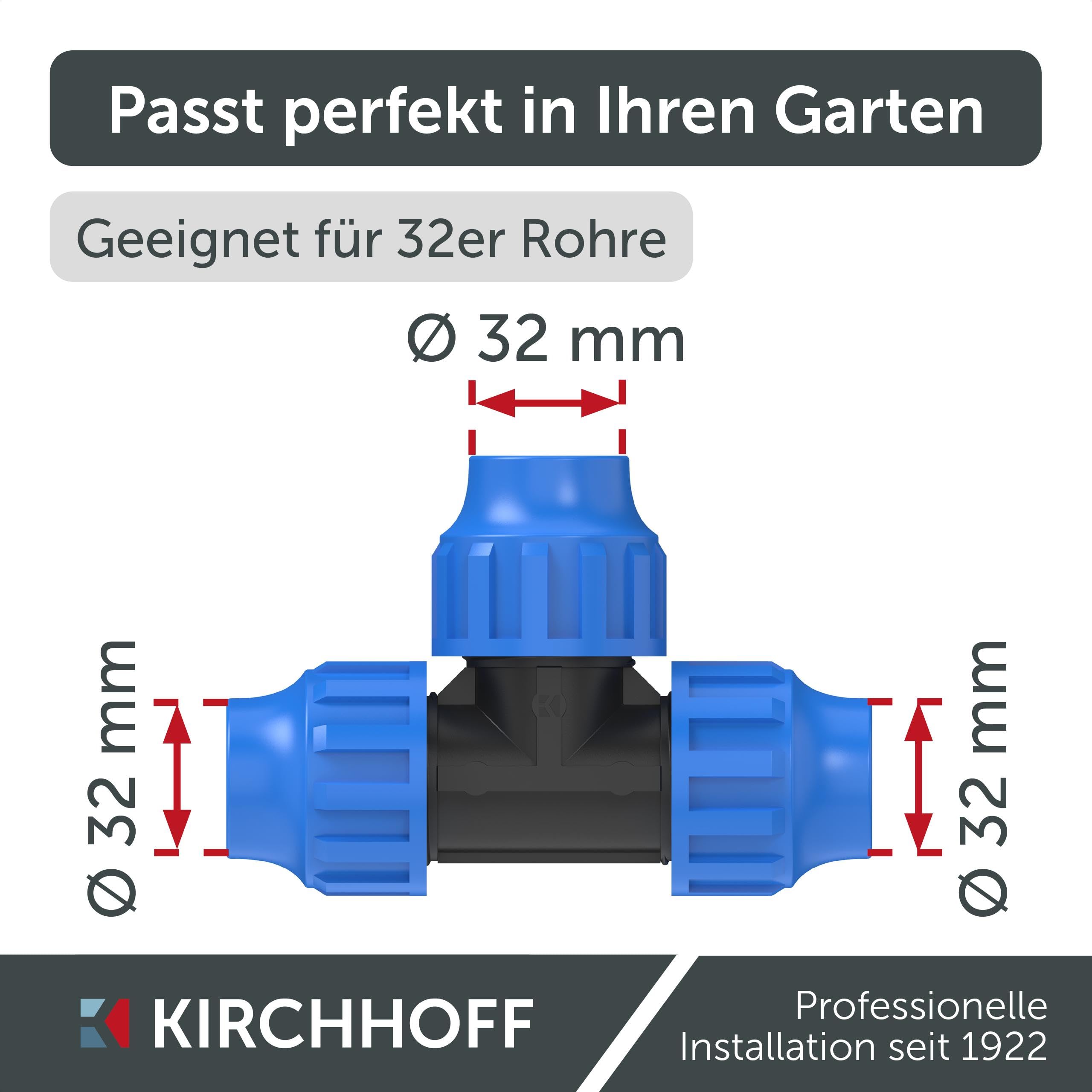 Kirchhoff Fitting T Kunststoff 32 x 32 x 32 mm für HDPE Rohr 3 Stück im Set Verschiedene Größen DVGW geprüft Trinkwasserqualität Made in EU, Schwarz, 32 mm HDPE Fitting
