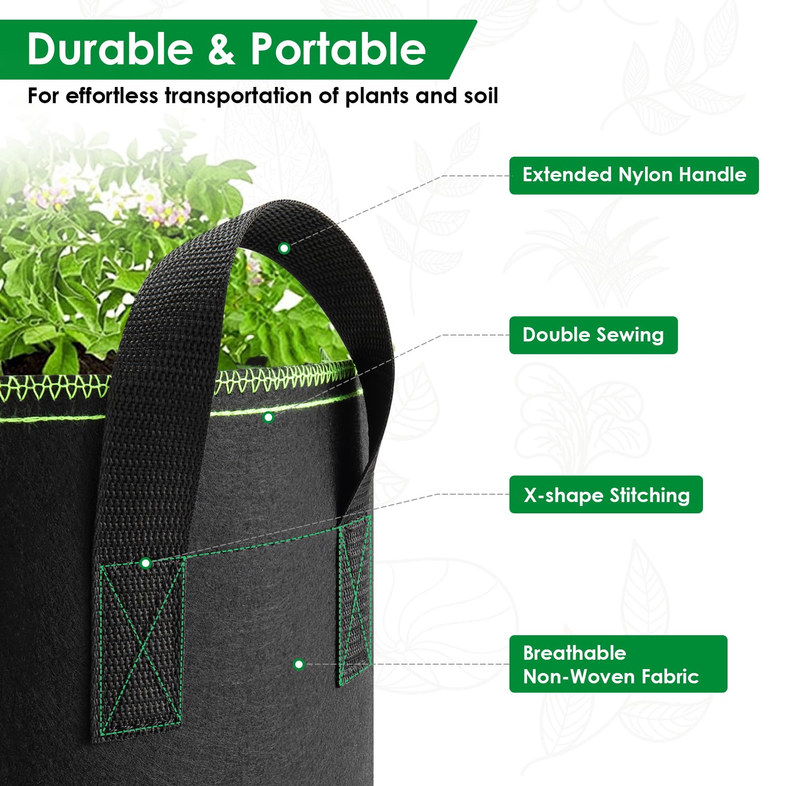 Vinitoy 3 Gallon Fabric Pots, 5 Pack 12L Grow Bags with Extended Handles - Image 3