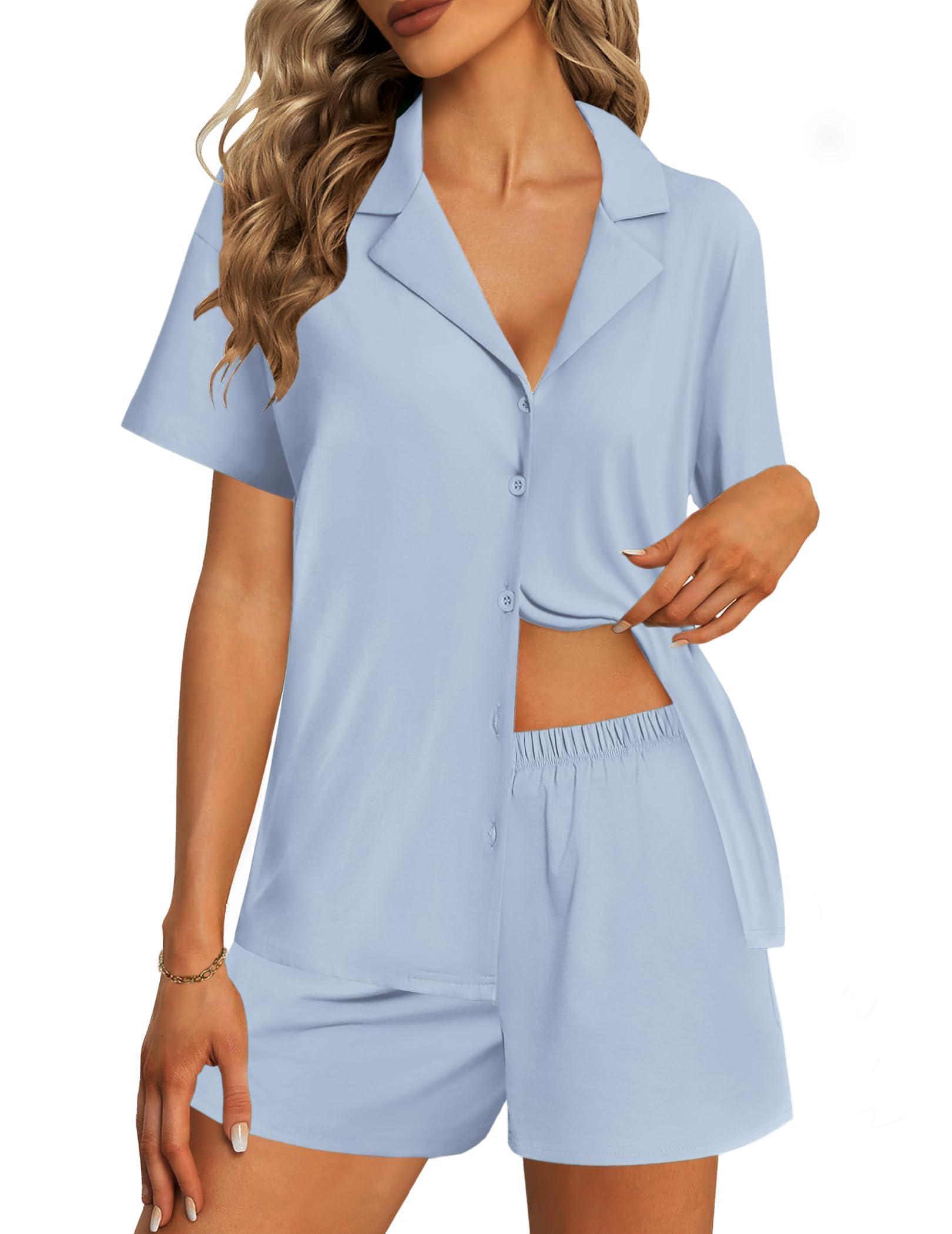 Ekouaer Womens Pajama Sets 2 Piece Cotton Pjs Button Down Sleepwear Short Sleeve Lounge Set with Pockets
