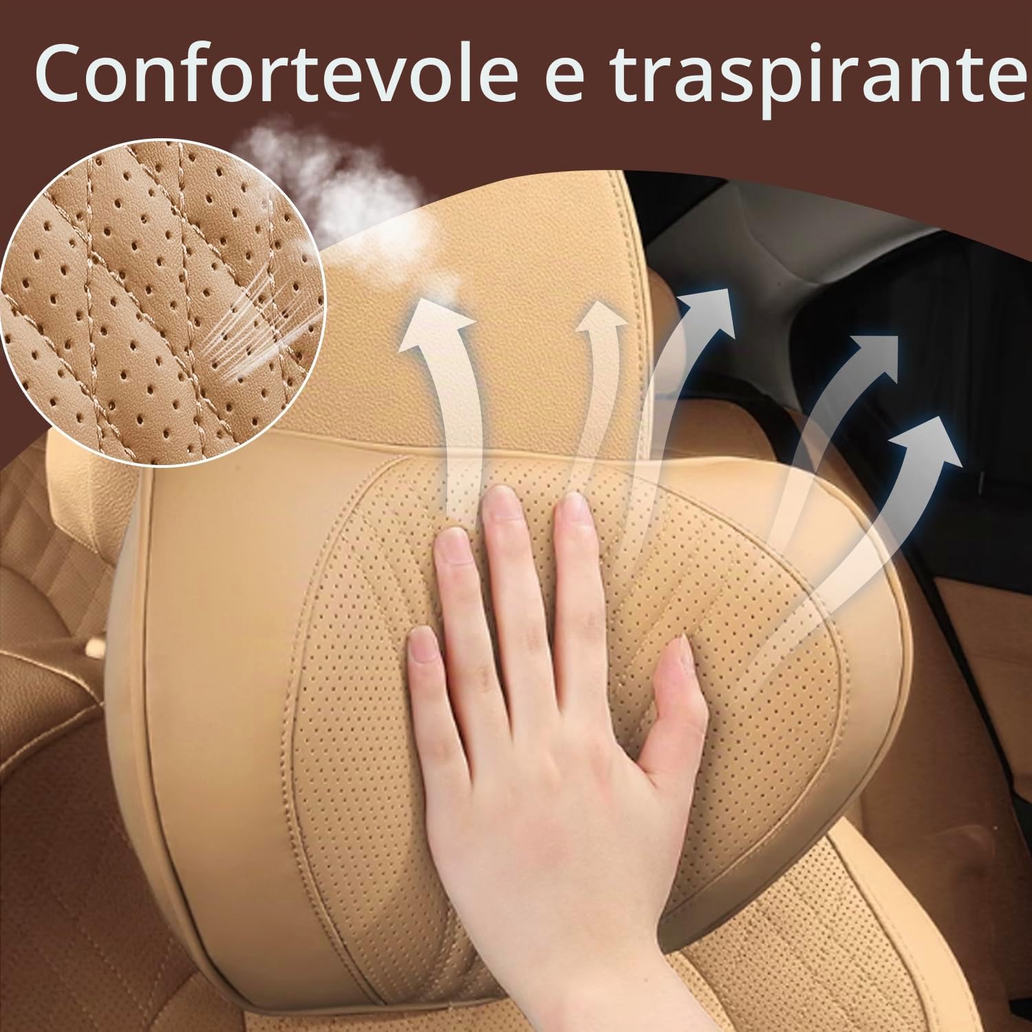 Cuscino per il Collo dell'auto in Memory Foam, Poggiatesta in Pelle di Alta Qualità, Cuscino di Supporto per il Collo Universale per la Guida, Casa e Ufficio, Marrone Palomino, 2 Pezzi