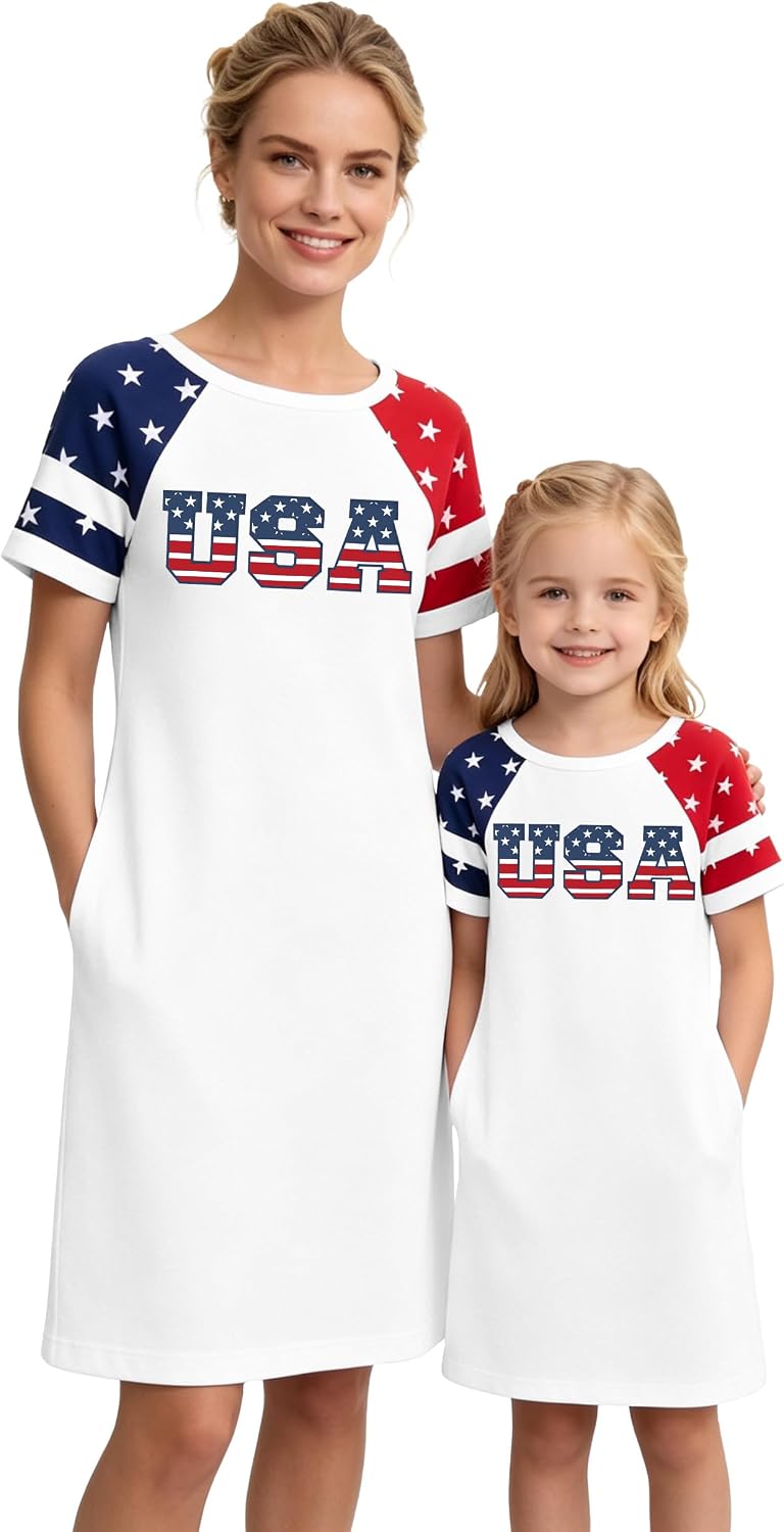 Mommy and Me Dresses with Pockets Mom Daughter Matching Patriotic Dress 4th of July Gifts for Mother and Kids
