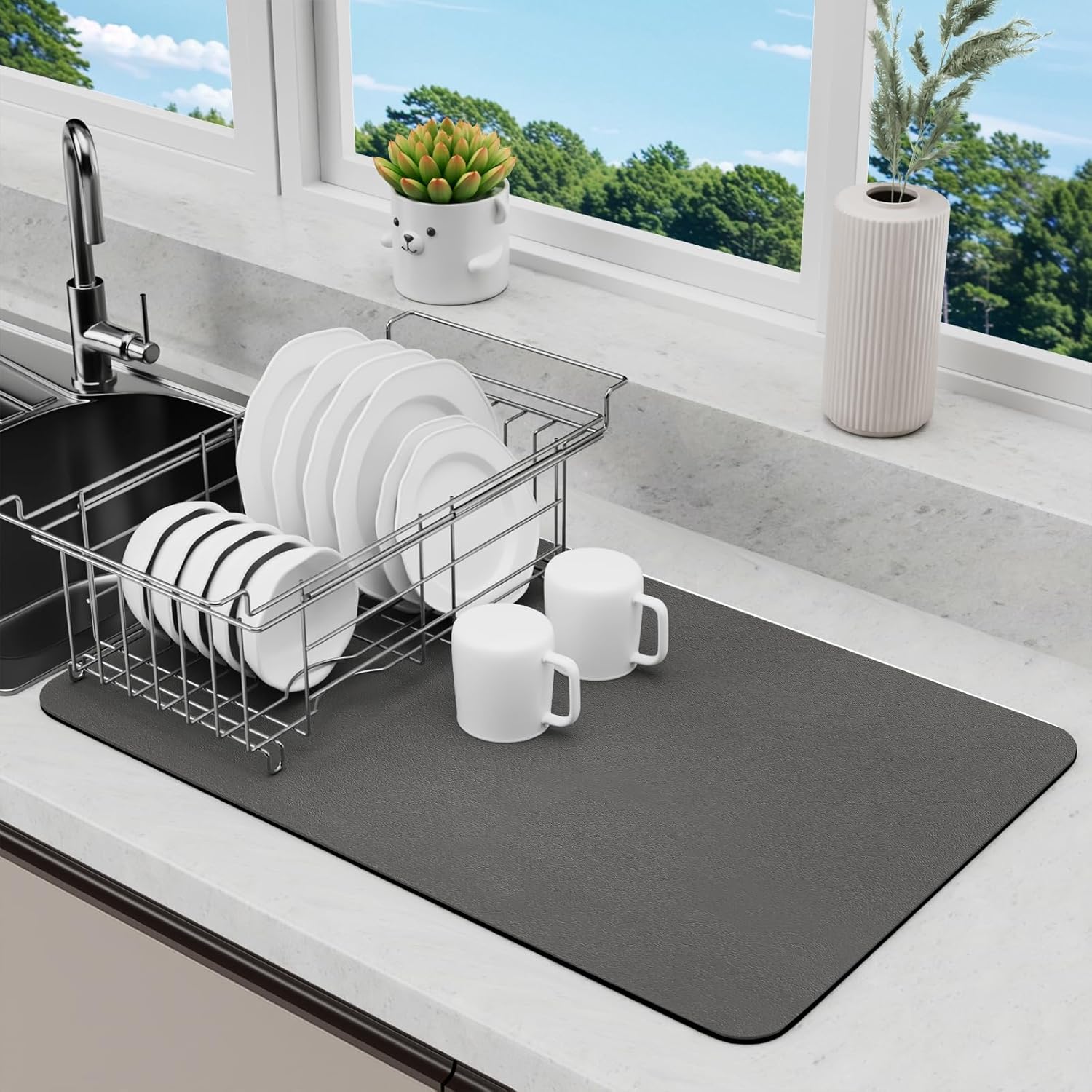 Dish Drying Mat for Kitchen Counter, Dish Drying Pad with Non-Slip Rubber Backed, Hide Stain Anti Absorbent for Kitchen Counter (Dark Grey, 19" x 12")