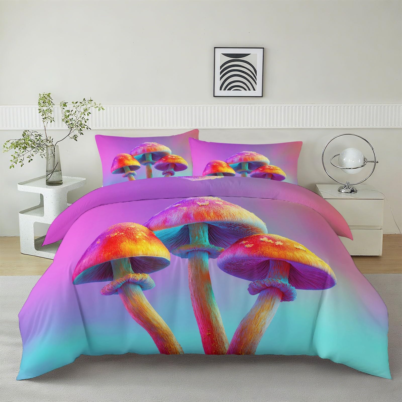 Generisch Pościel z motywem grzybów, 200 x 220 cm, fioletowa, z zamkiem błyskawicznym, psychodeliczna, dwustronna, z mikrofibry, oddychająca, zestaw pościeli z poszewką na poduszkę 80 x 80 cm