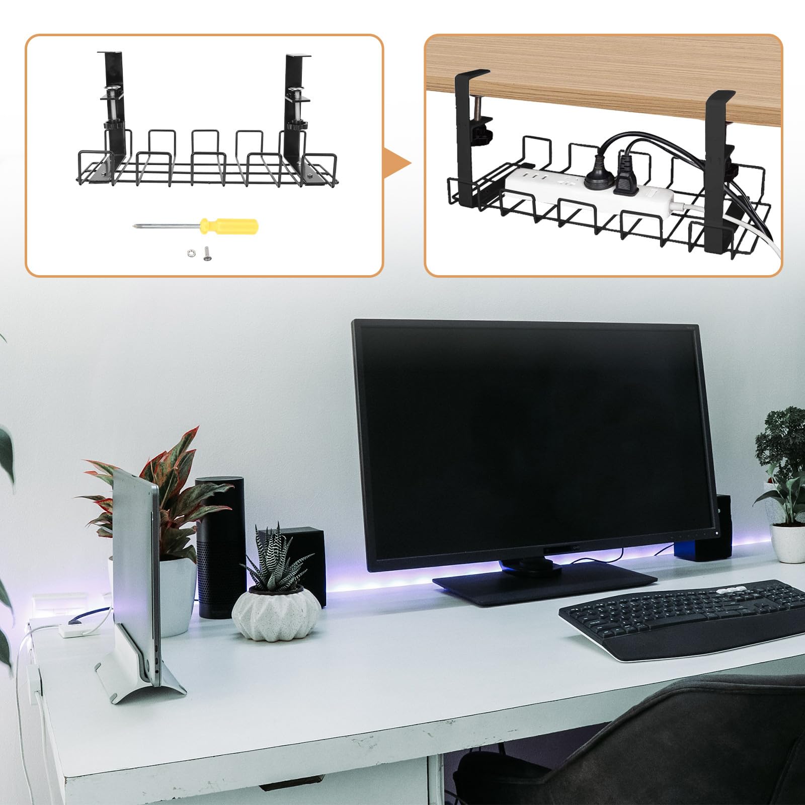LALAFINA Estante de Almacenamiento de Alambre Negro de Hierro para Montaje bajo Escritorio, Organizador de Cables Resistente para Oficina y Sala de Estudio