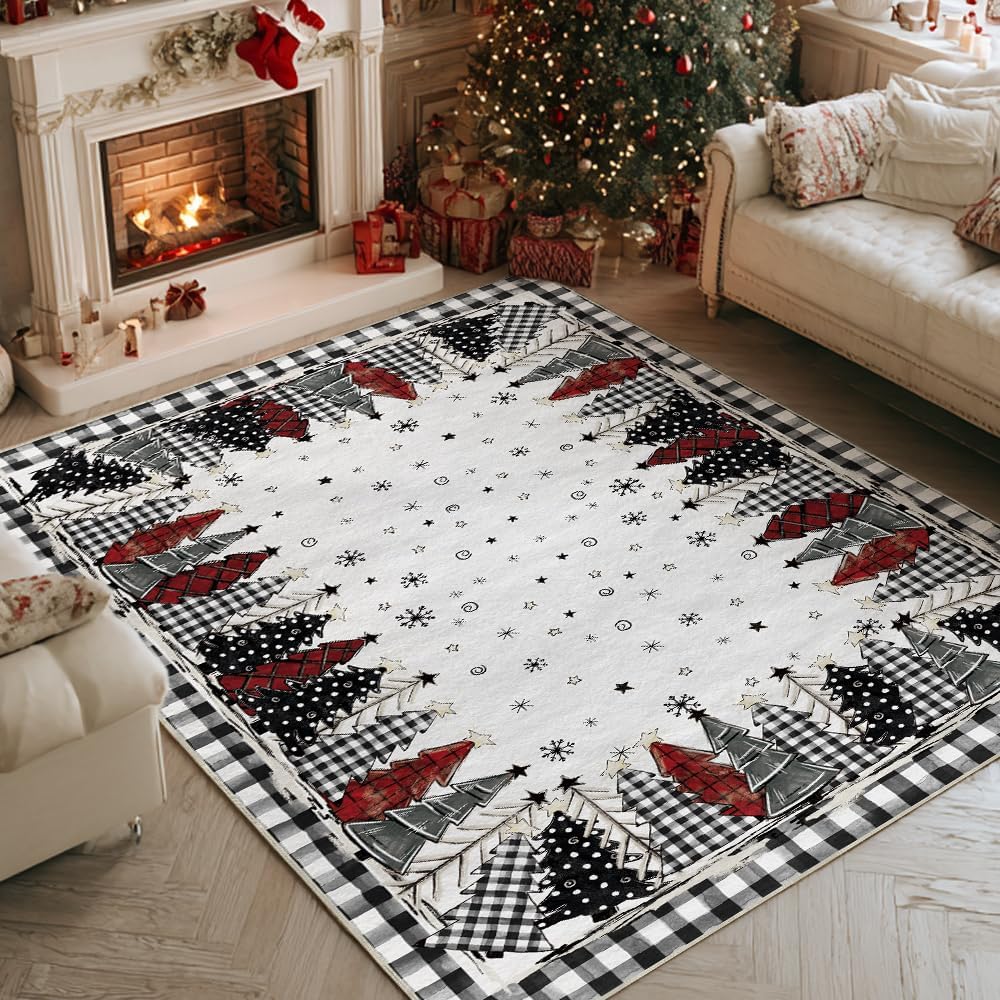 Artoid Mode Watercolor Buffalo Plaid Xmas Tree Merry Christmas Area Rug, Winter Home Decor Low-Profile Washable Area Rugs for Entryway Bedroom Living Room Laundry Room Indoor 5x7 Feet 5' x 7' Black/White