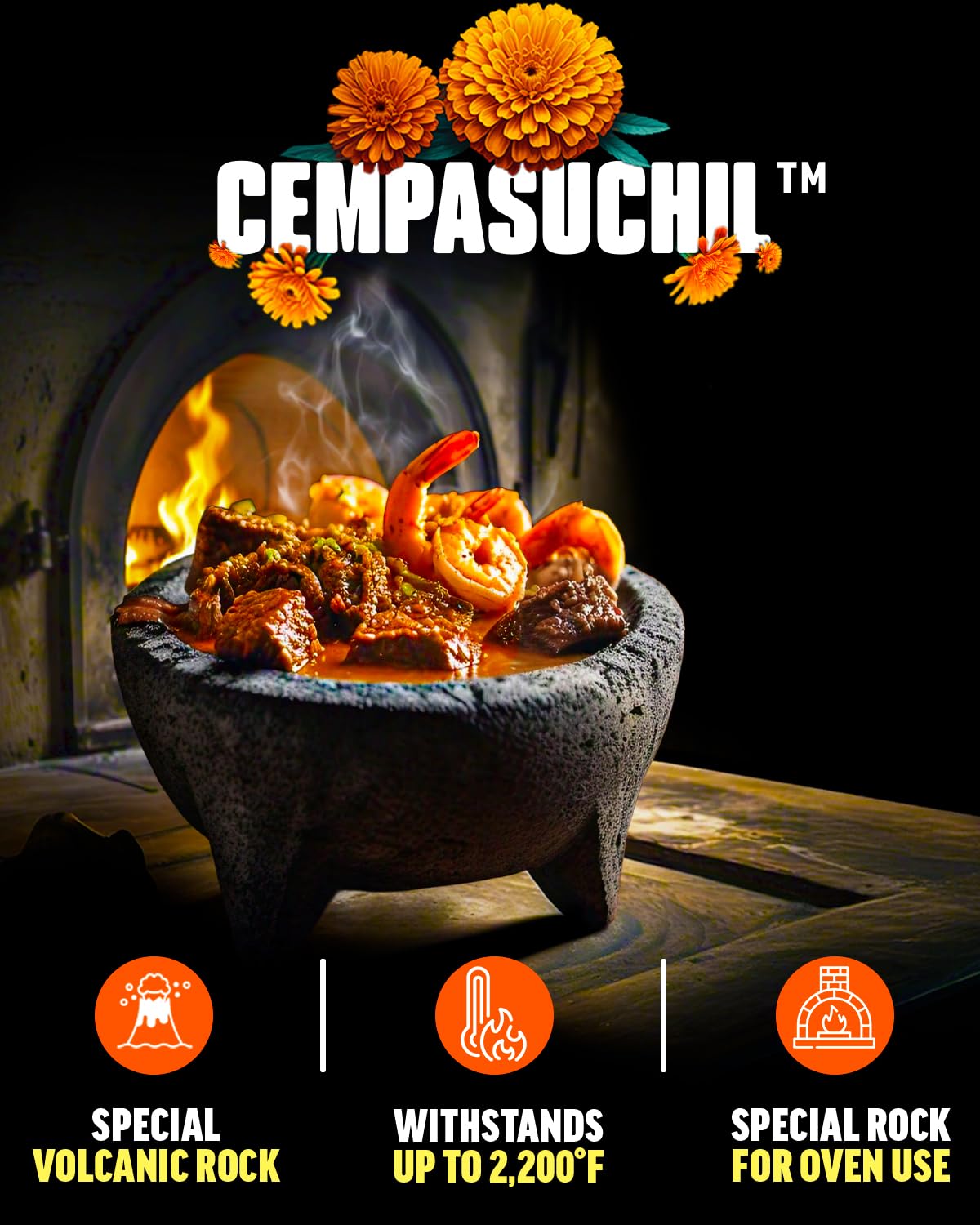 Cempasuchil™ Authentic Molcajete Mexicano Volcanic Rock (8 in) + Big Pestle + Mex-Towel (3-Pcs-Set) High-Heat Resistant, Mexican Mortar and Pestle Set, Guacamole Bowl and Masher