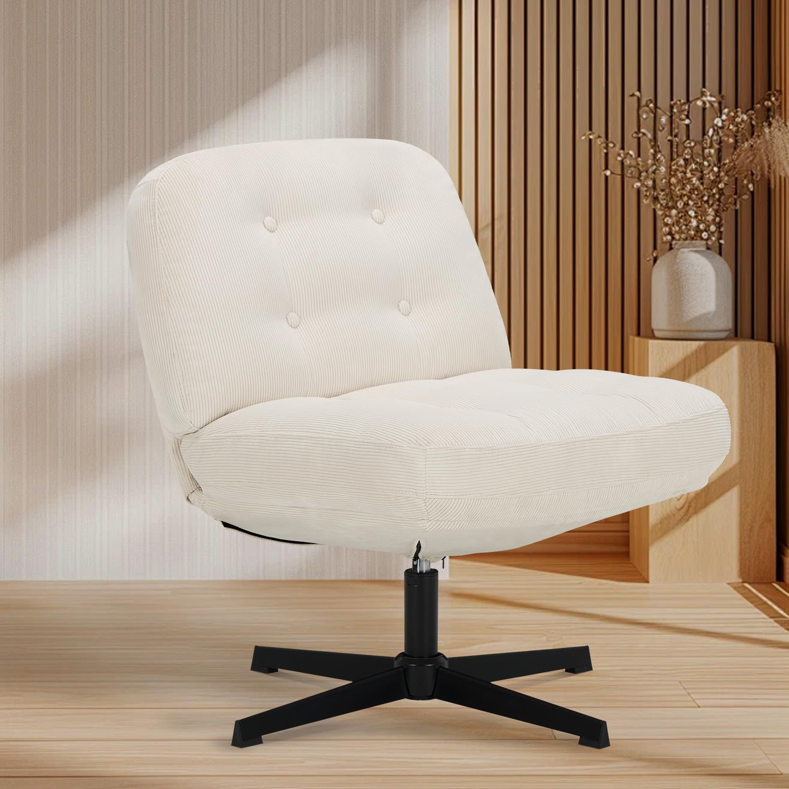COLAMY Wide Seat Cross Legged Home Office Chair – Thick Padded Corduroy Desk Chair with Metal Base, Armless Criss Cross Chair Swivel Computer Chair for Study or Living Room Set of 1 White