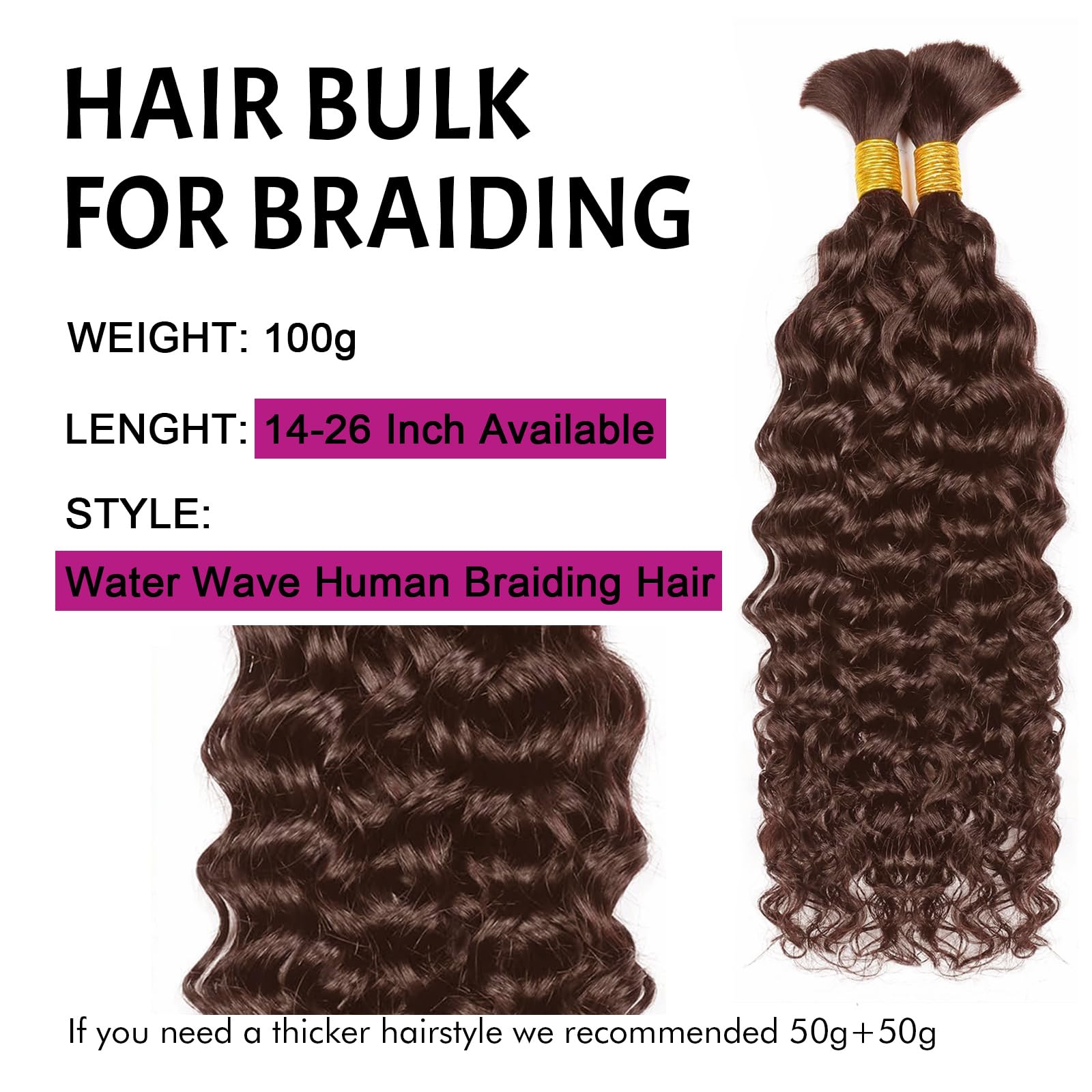 DaiMer Water Wave Bulk Human Braiding hair for Boho Braids 2 Bundles/Pack 100g No Weft 10A Brazilian Water Wave Bulk Dark Brown Human Hair Extensions for Braids (4# - Image 2