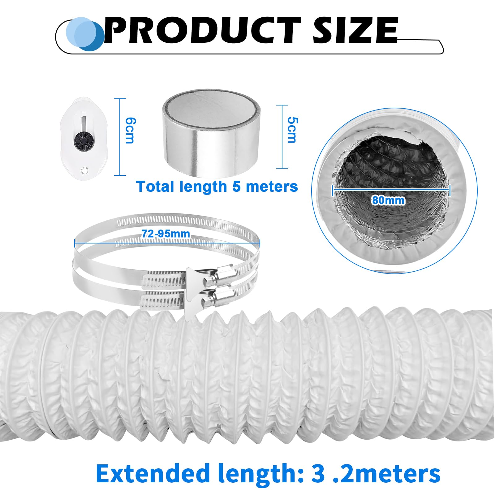 ComPDCVD White Exhaust Hose 100 mm x 3 m Aluminium Ventilation Sheath with 2 Steel Clamps for Air Conditioning Dehumidifier Extractor