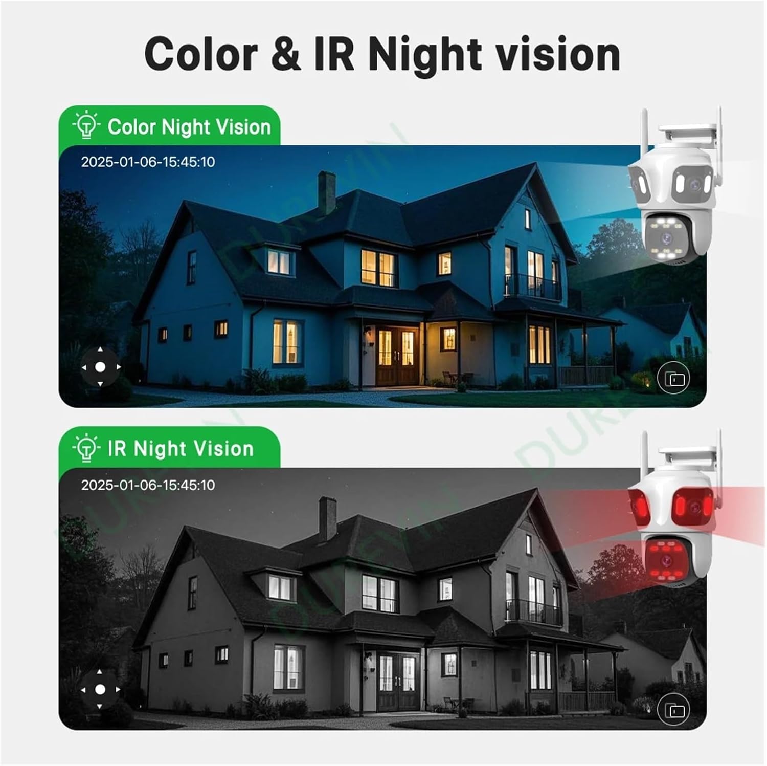 A split image demonstrating the camera's night vision capabilities. The top half shows a house at night with 'Color Night Vision' enabled, displaying a clear, illuminated view. The bottom half shows the same house with 'IR Night Vision' enabled, displaying a black and white view with visible red IR lights from the camera.