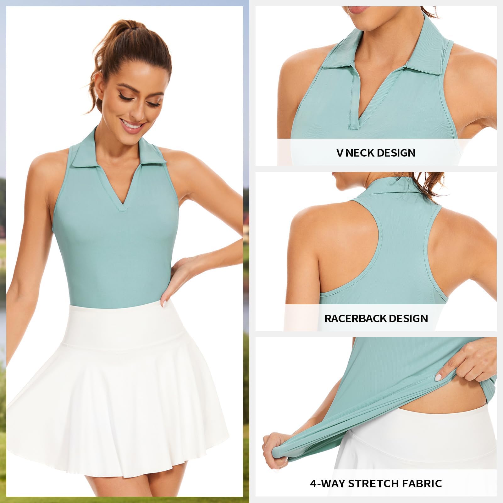 Soneven Polo Femme Col en V Manches Courtes/sans Manches T-Shirts Sportifs Ribbed Breathable Quick-Drying Functional Shirt for Golf Tennis
